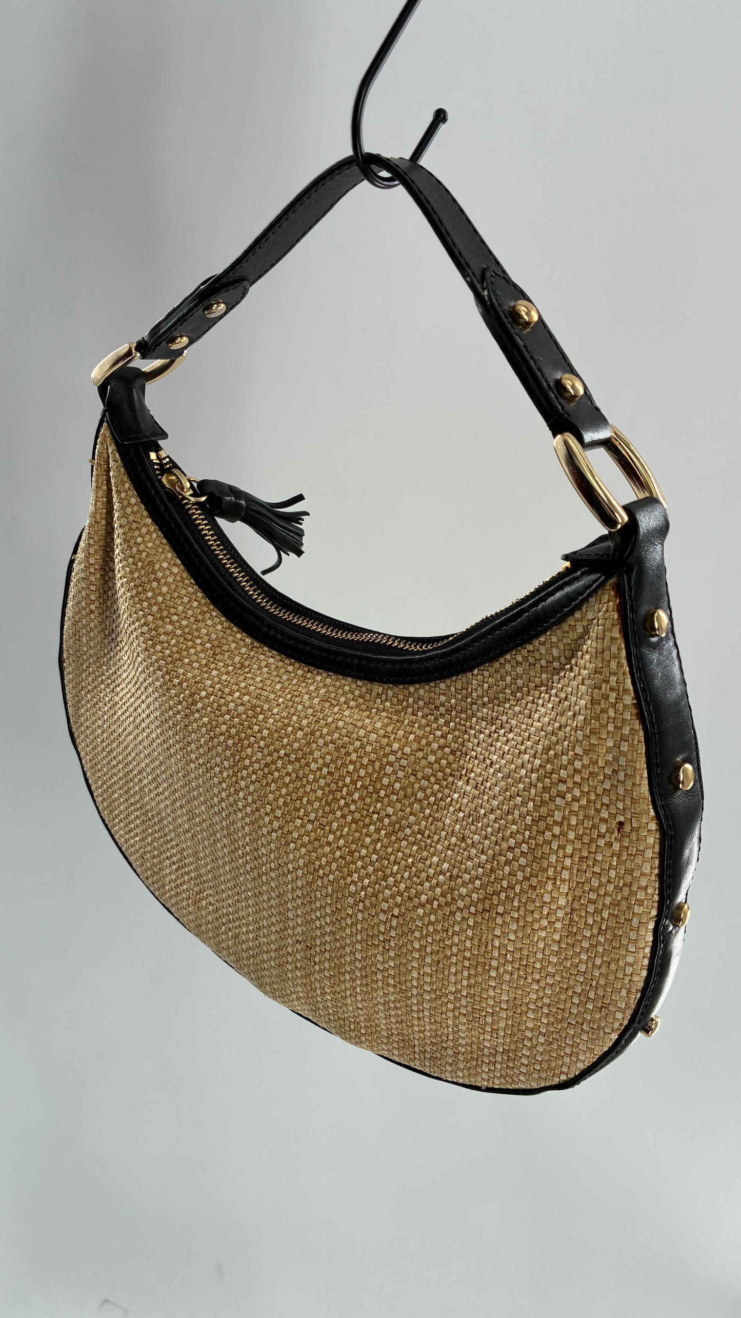 Vintage COLE HAAN Straw Shoulder Purse with Black Leather, Gold Studded Trim