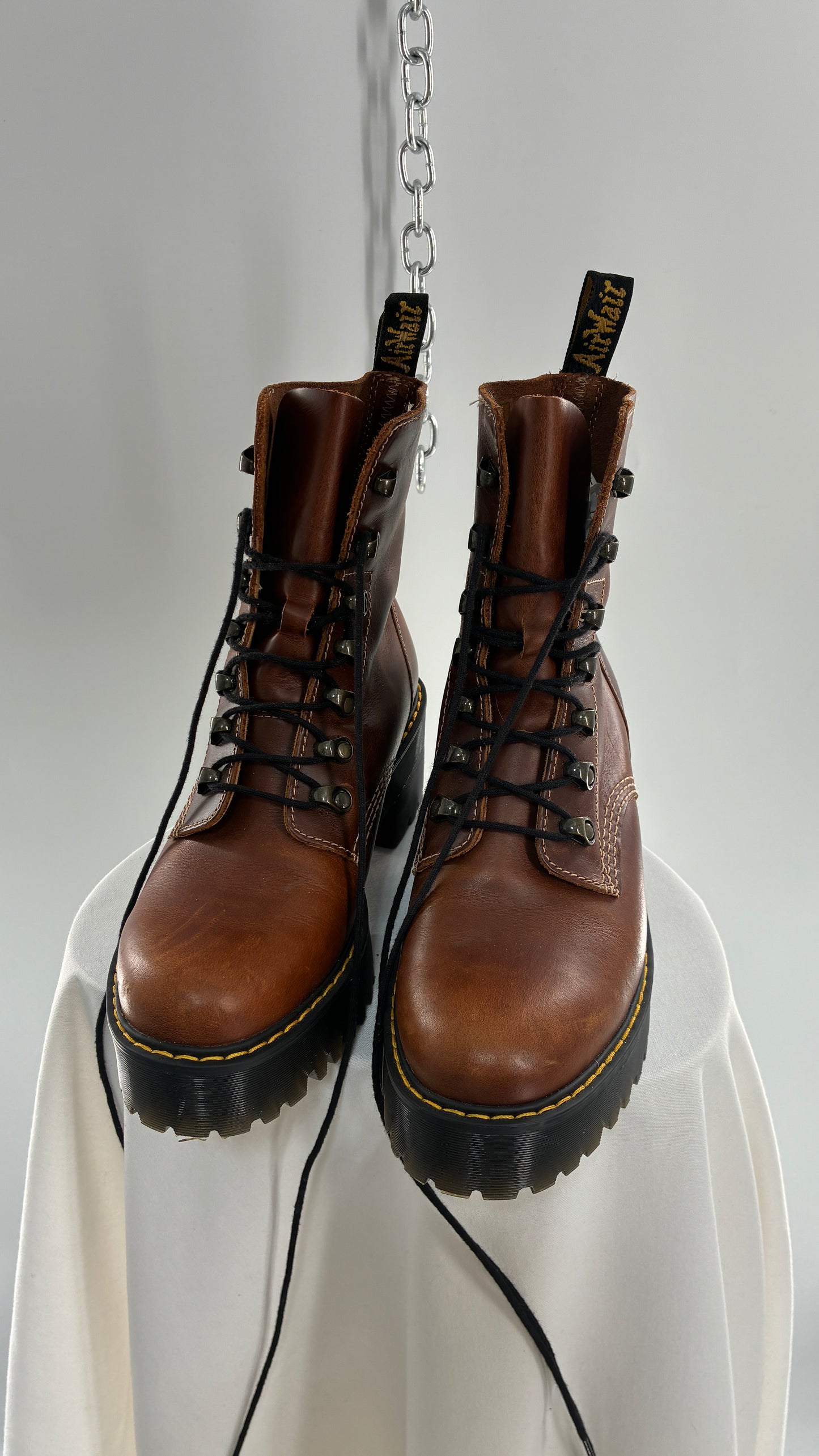 DR. MARTENS Leona Saddle Leather Platform Boots (9L)