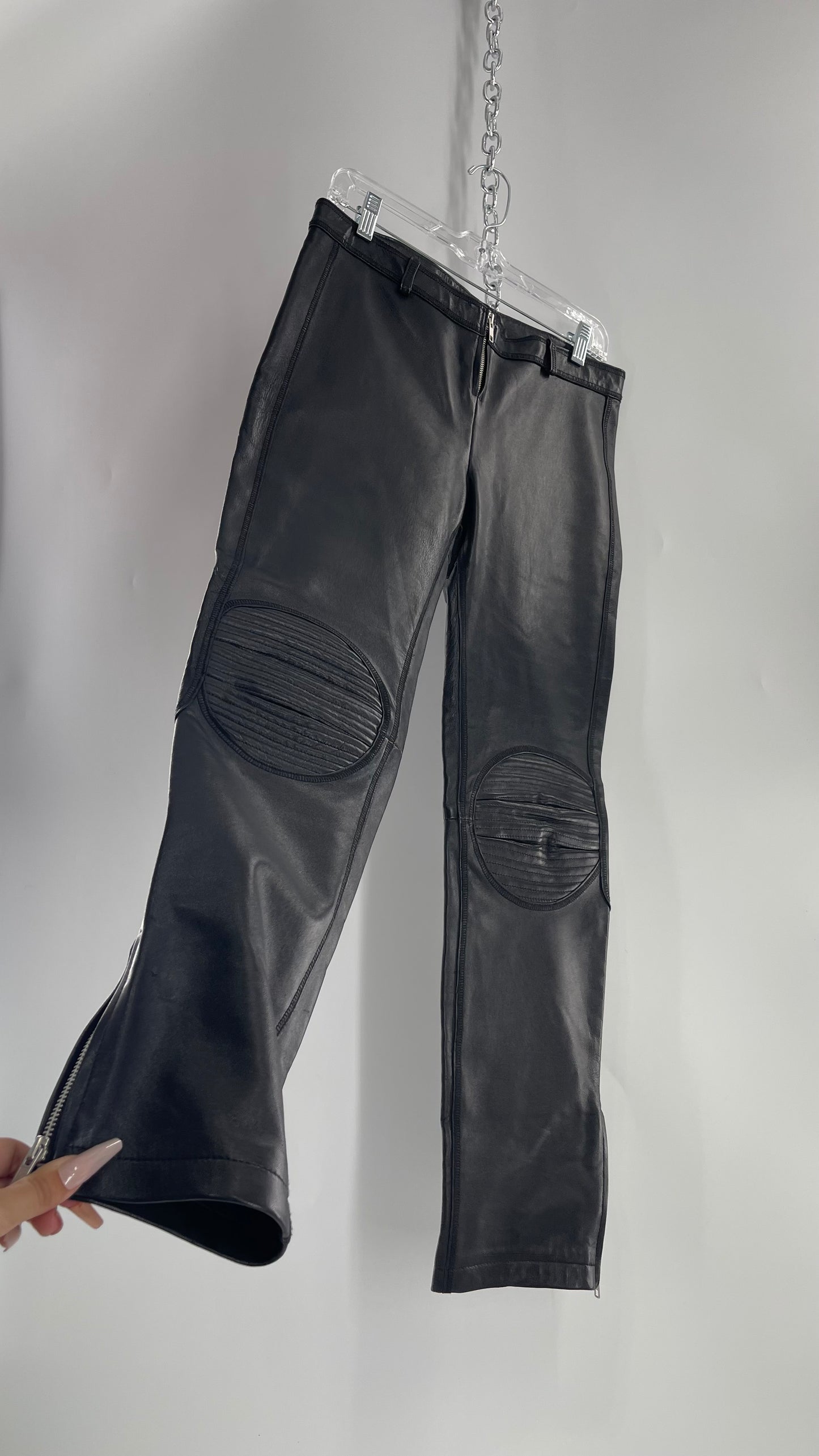 PAOLA FRANI 1990s Black Genuine Leather Low Waisted, Zip Front, Patched Bum and Knee Pants (8)