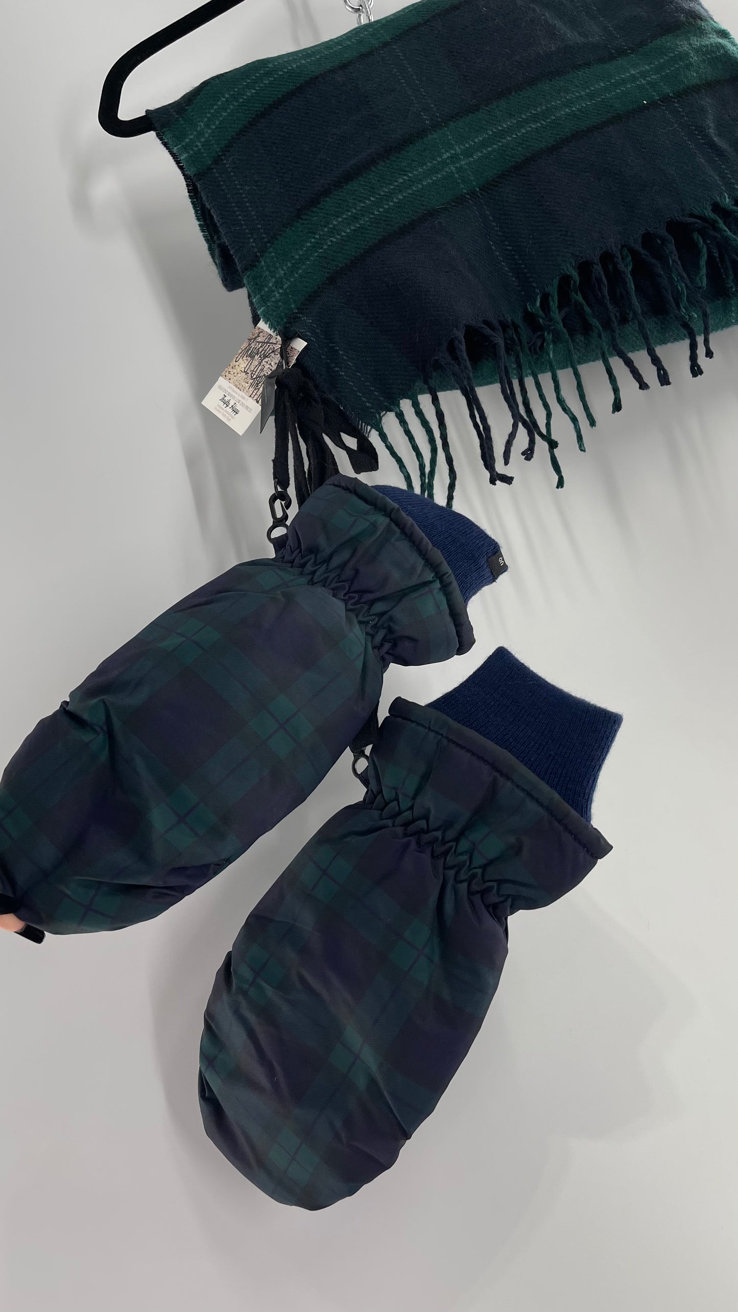 Urban Outfitters Plaid Navy Green Scarf and Matching Glove Set