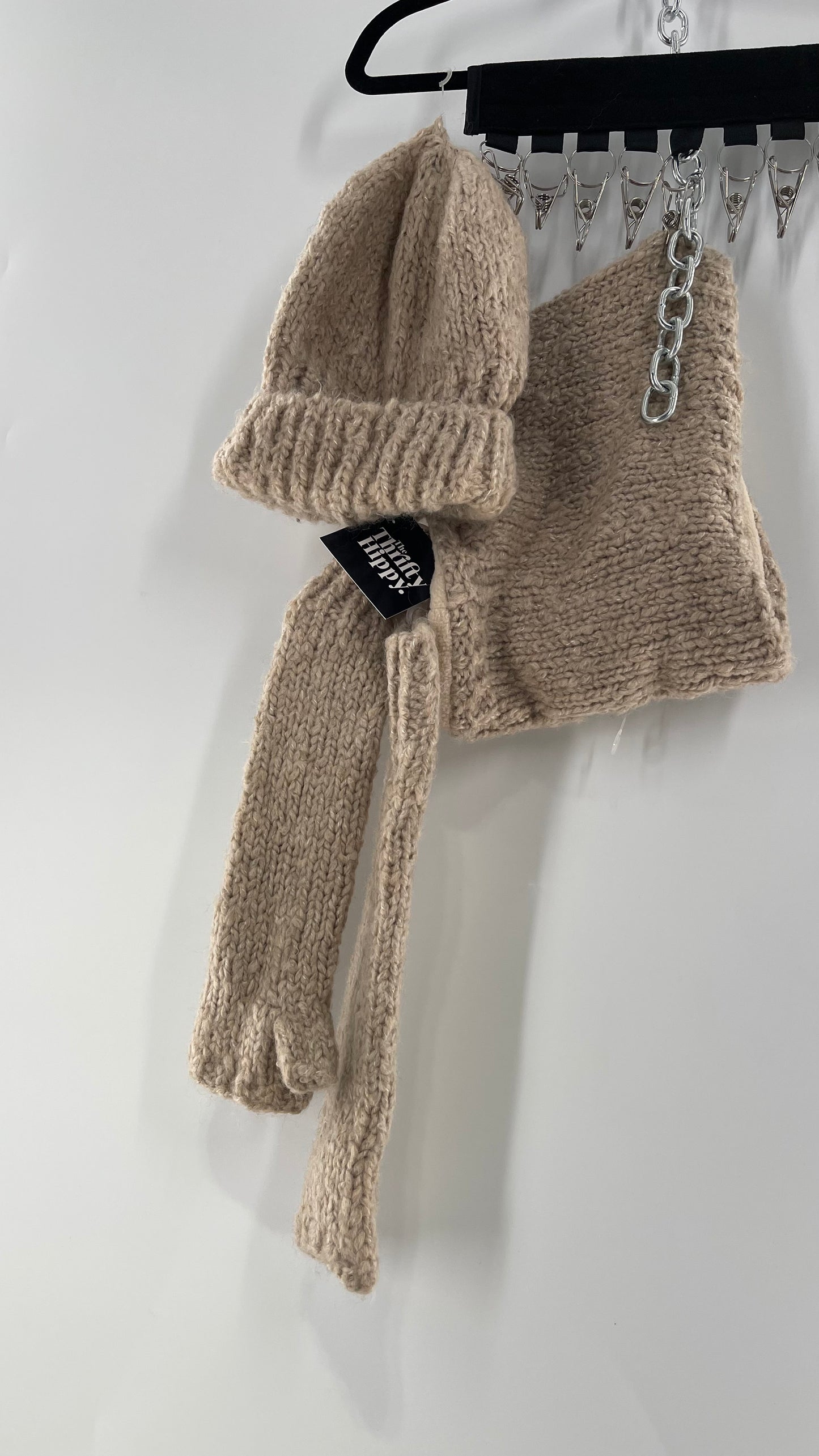 Free People Beige/Tan Knit Gloves, Hat and Scarf Set
