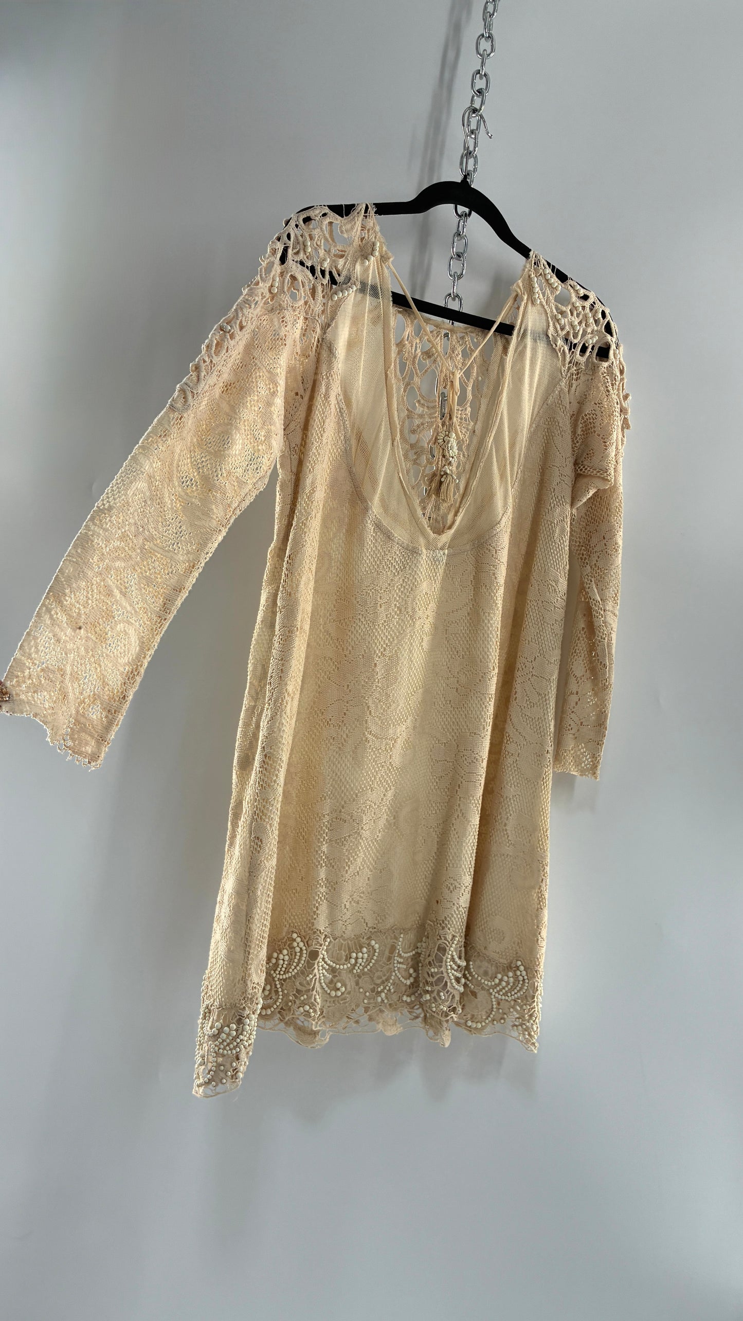 Vintage Free People Beige Long Sleeve Lace Dress with Deep Neckline, Low Back and Beaded Details