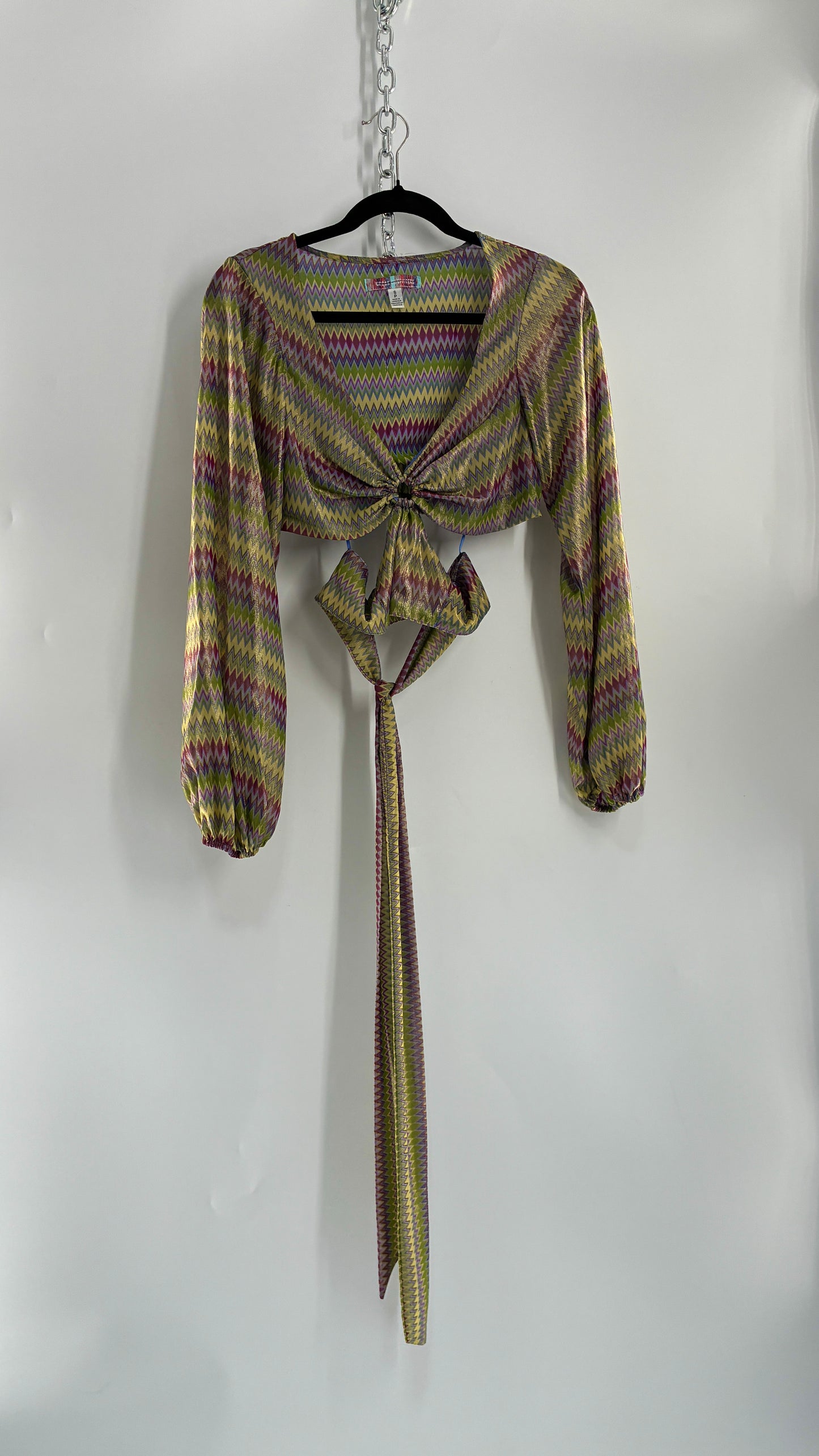 Urban Outfitters Green Open Side Tie Around, Balloon Sleeve Sparkle Top (Small)