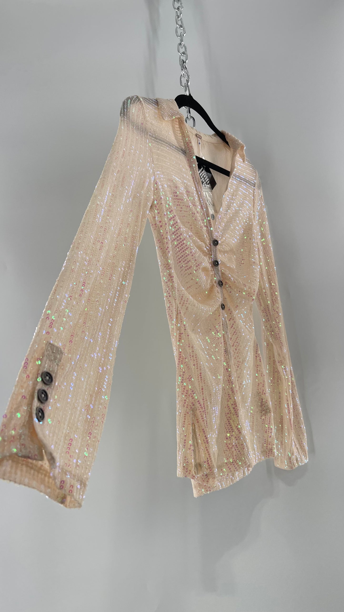 Free People Iridescent Sequined Button Front Ruched Bust Blouse with Tags Attached (Small)