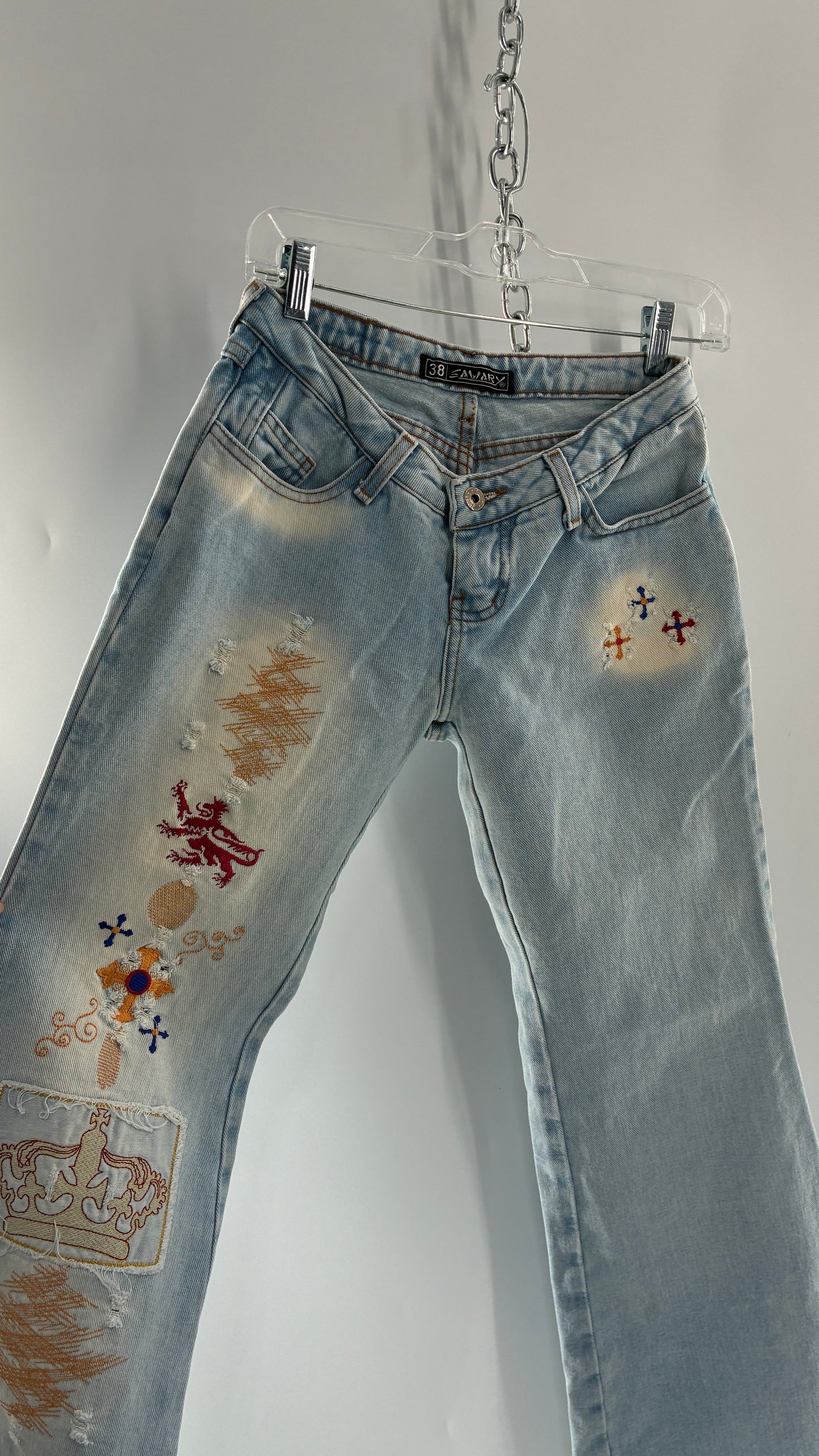 Vintage SAWARY Light Wash Brazilian Jeans with Fade and Embroidered Details (38)