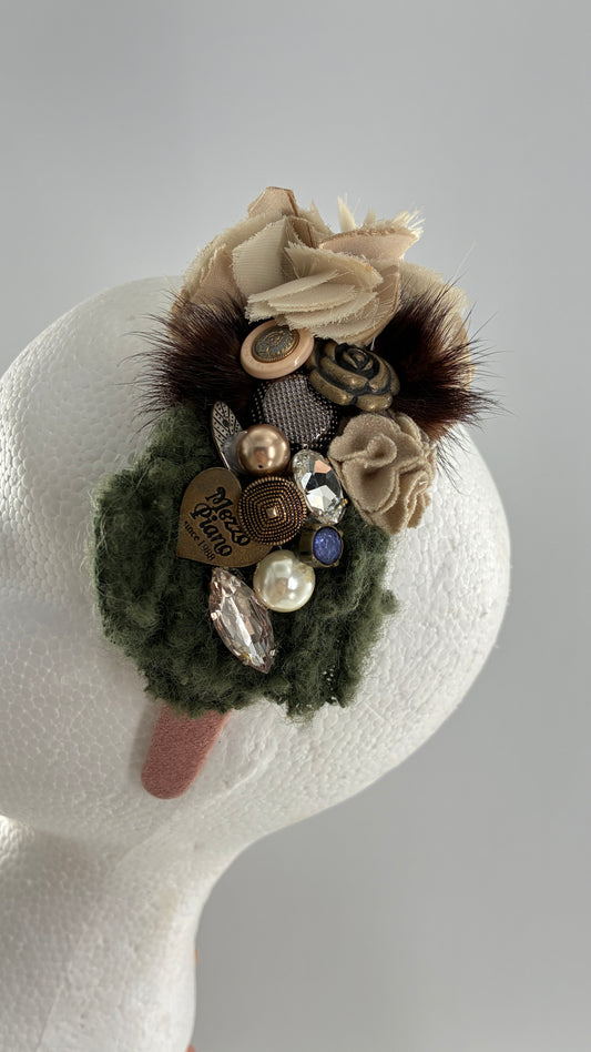 Vintage FARMER Handmade Pink Knit Headband with Wool, Buttons and Fur Appliqués