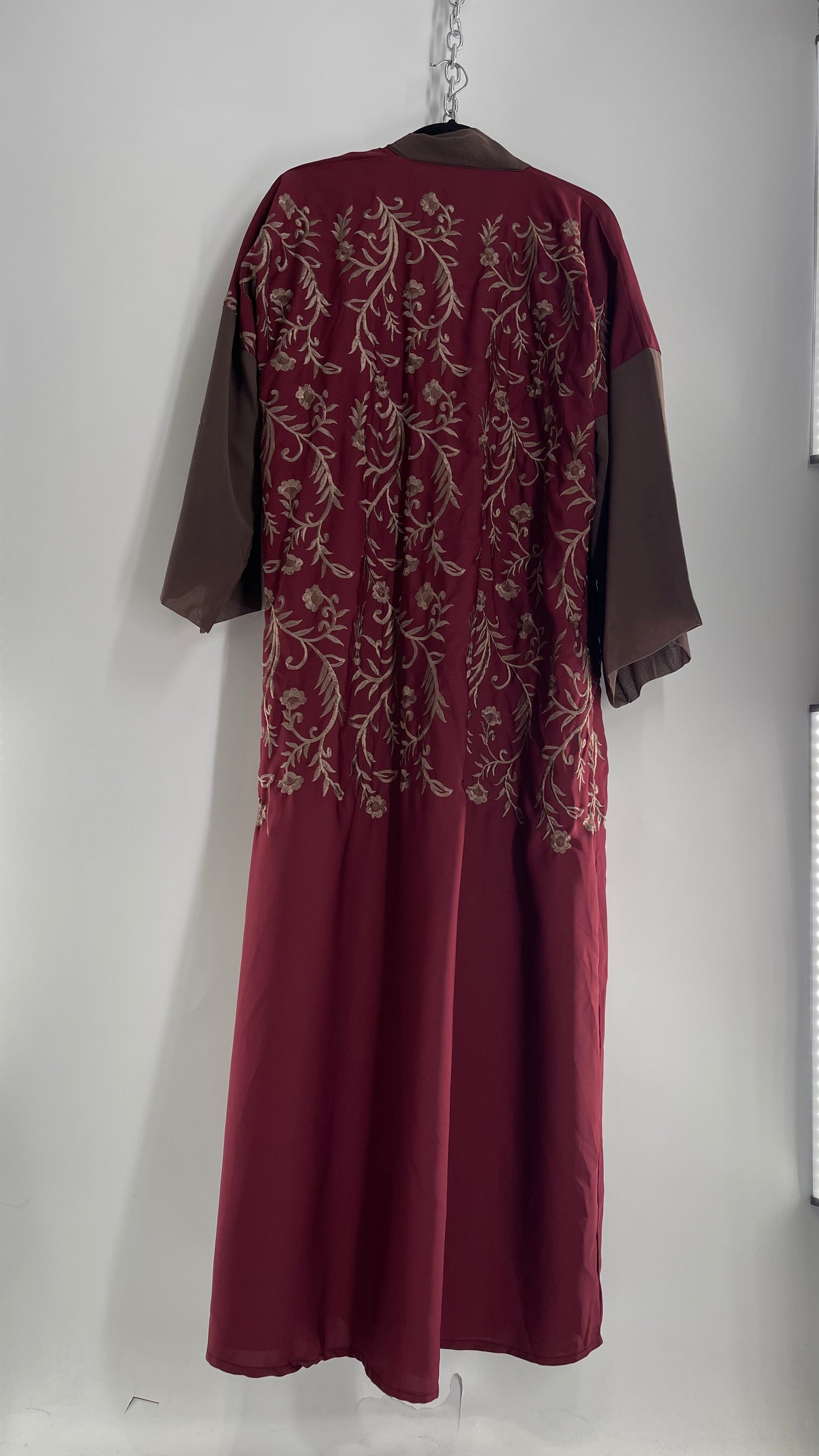Vintage Embroidered Burgundy Sweeping Duster Coat/Cape with Tan Embroidery