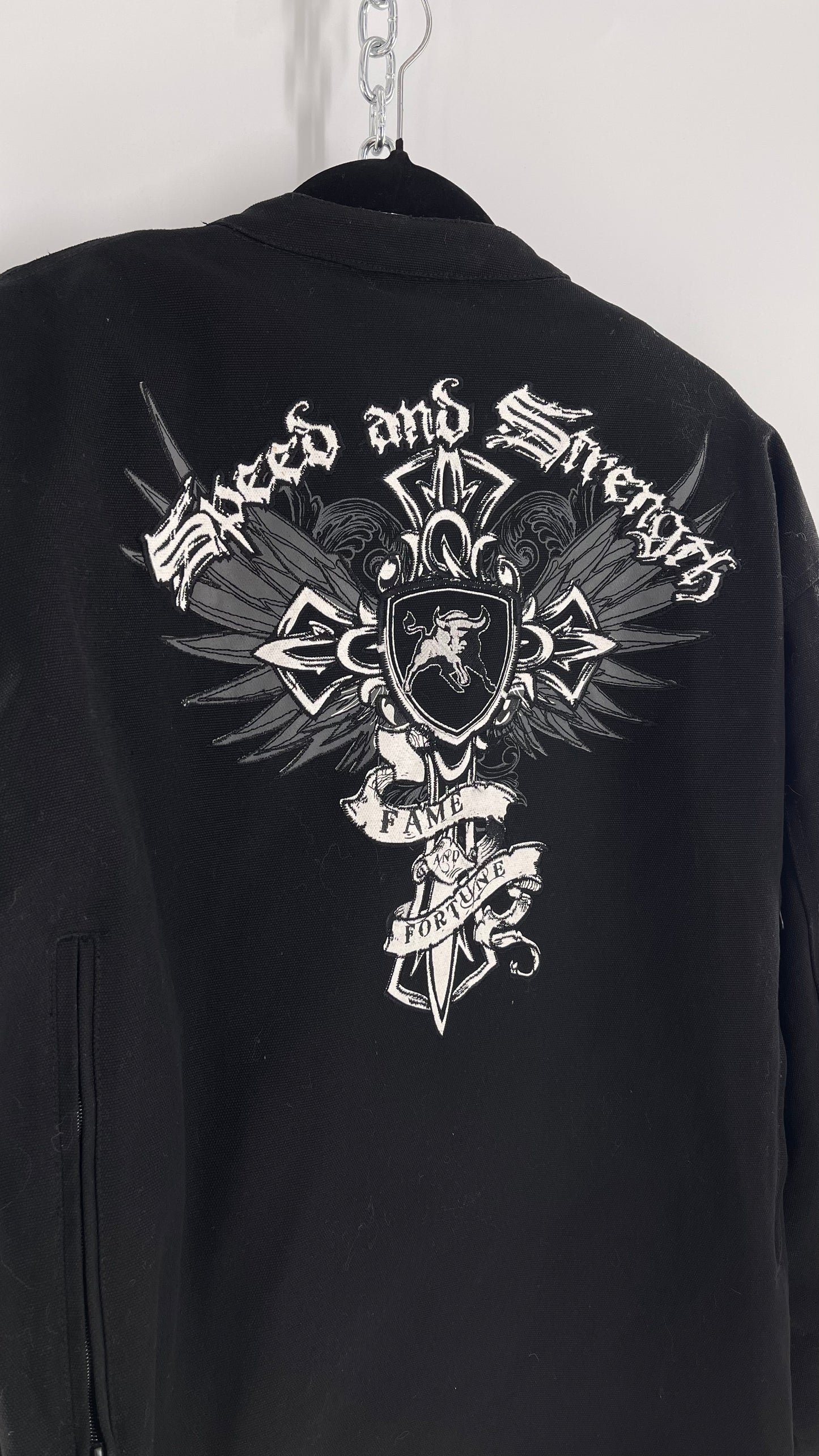 Vintage Speed + Strength Grunge Punk Riding Motorcycle Jacket with Cross Embroidery, Wings, Fame + Fortune, Speed + Strength Men’s Unisex (XXL)