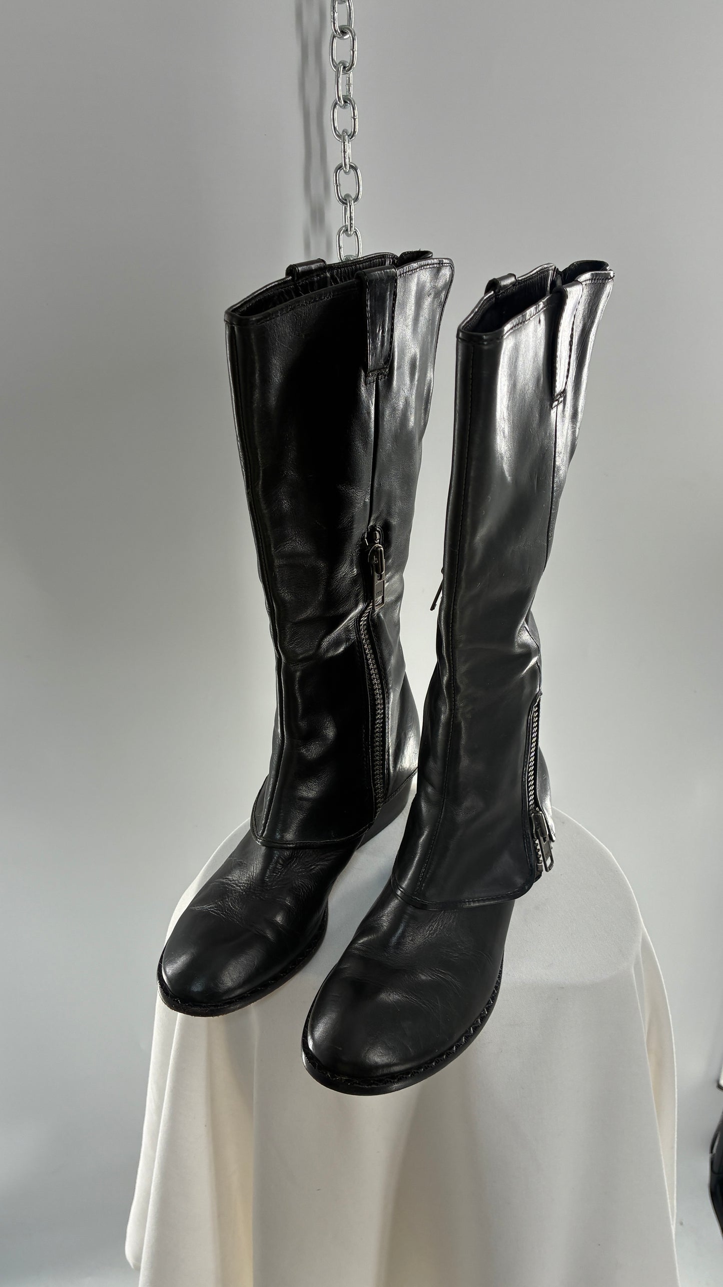 Vintage KORK EASE Black Genuine Leather Fold Over Boots with Heavy Metal Detailing (9/40.5)