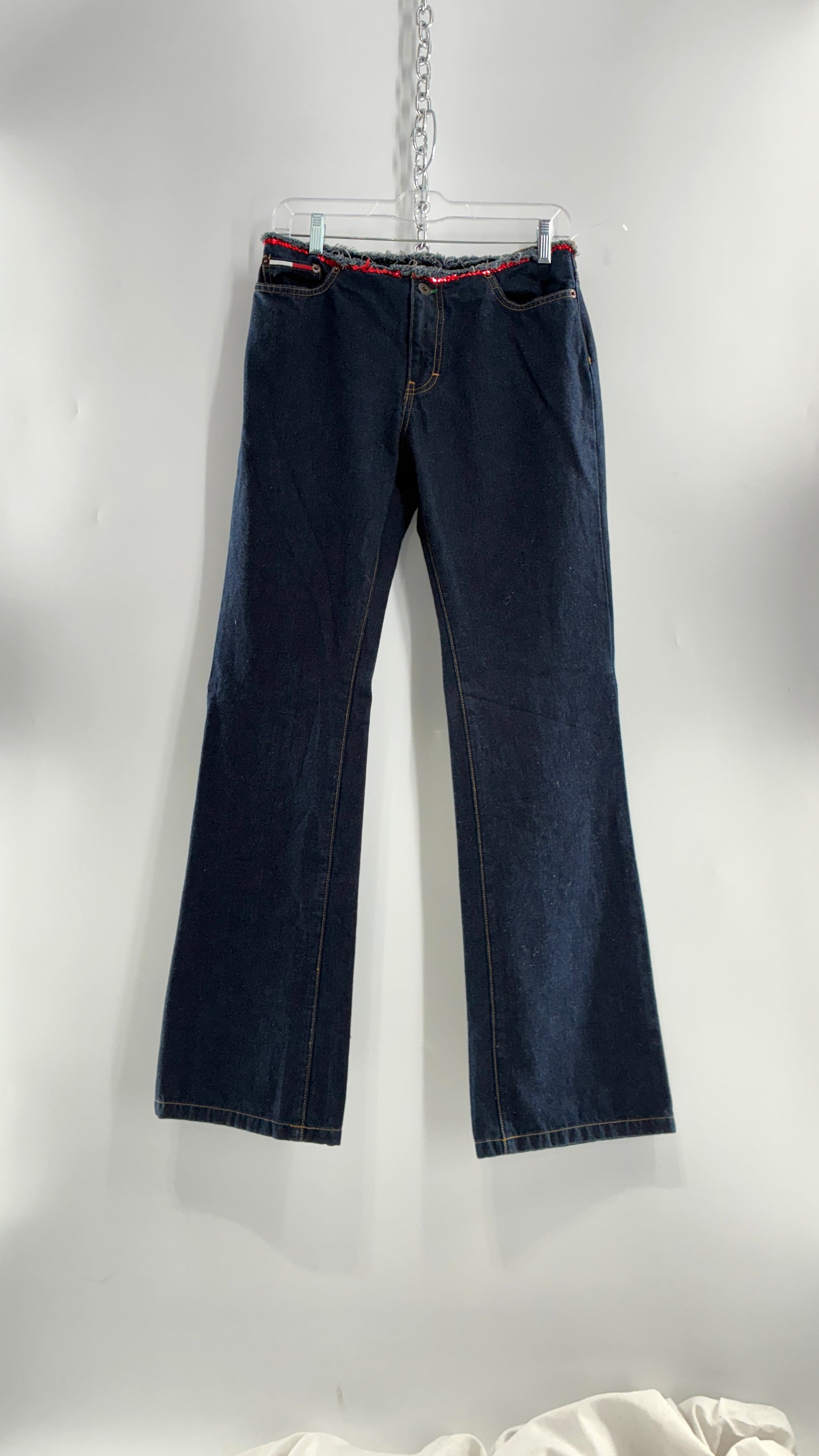 Vintage Tommy Hilfiger Low Rise Jeans with Frayed Waist Lined in Red Sequins (7)