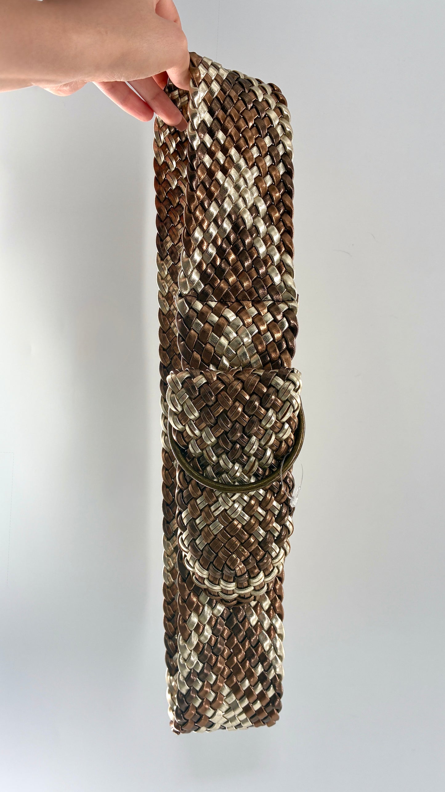 Vintage Metallics Silver Bronze Woven Wide Hip Belt with Oversized Bronze Round Buckles (One Size)