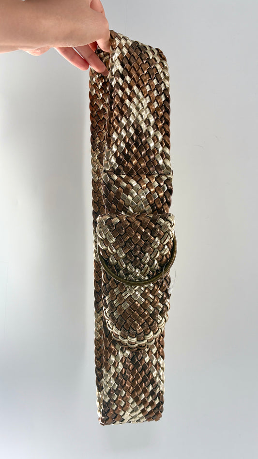 Vintage Metallics Silver Bronze Woven Wide Hip Belt with Oversized Bronze Round Buckles (One Size)