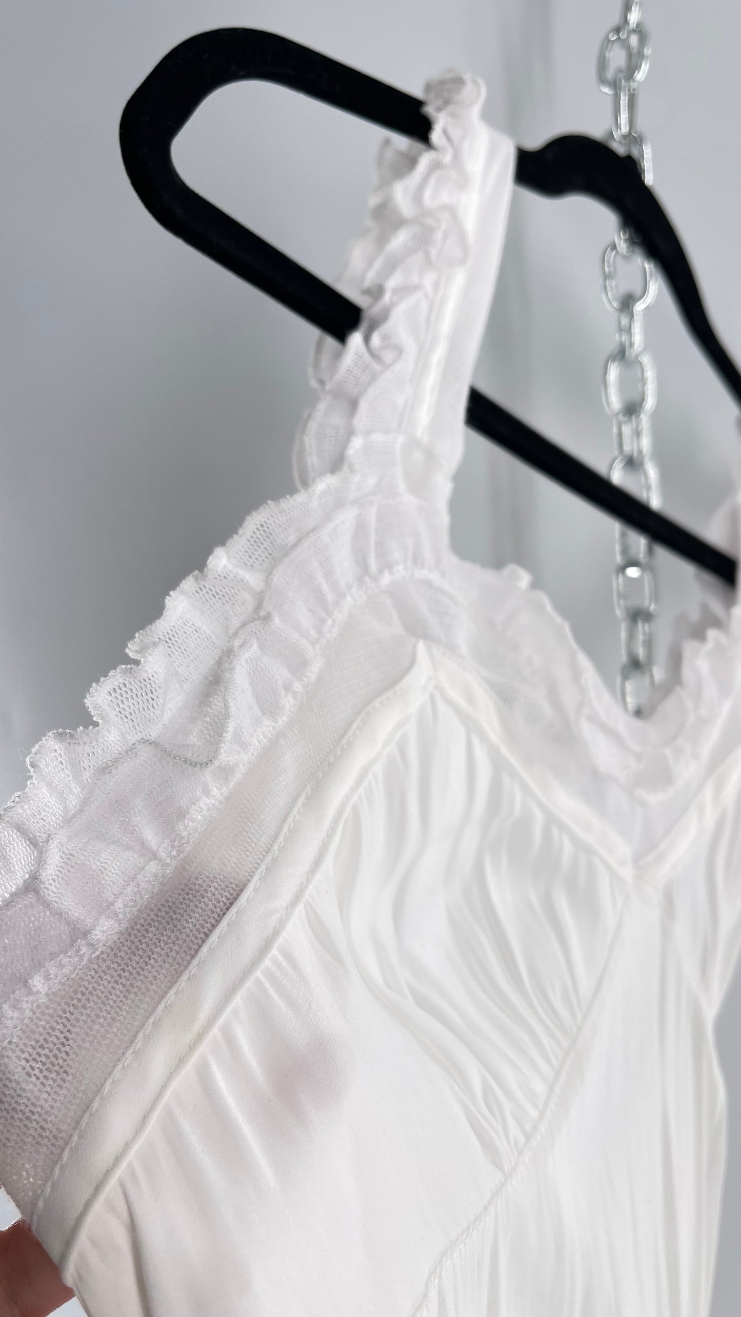 Free People White Silky Soft Bodysuit with Ruffled Bust-line and Straps (M)