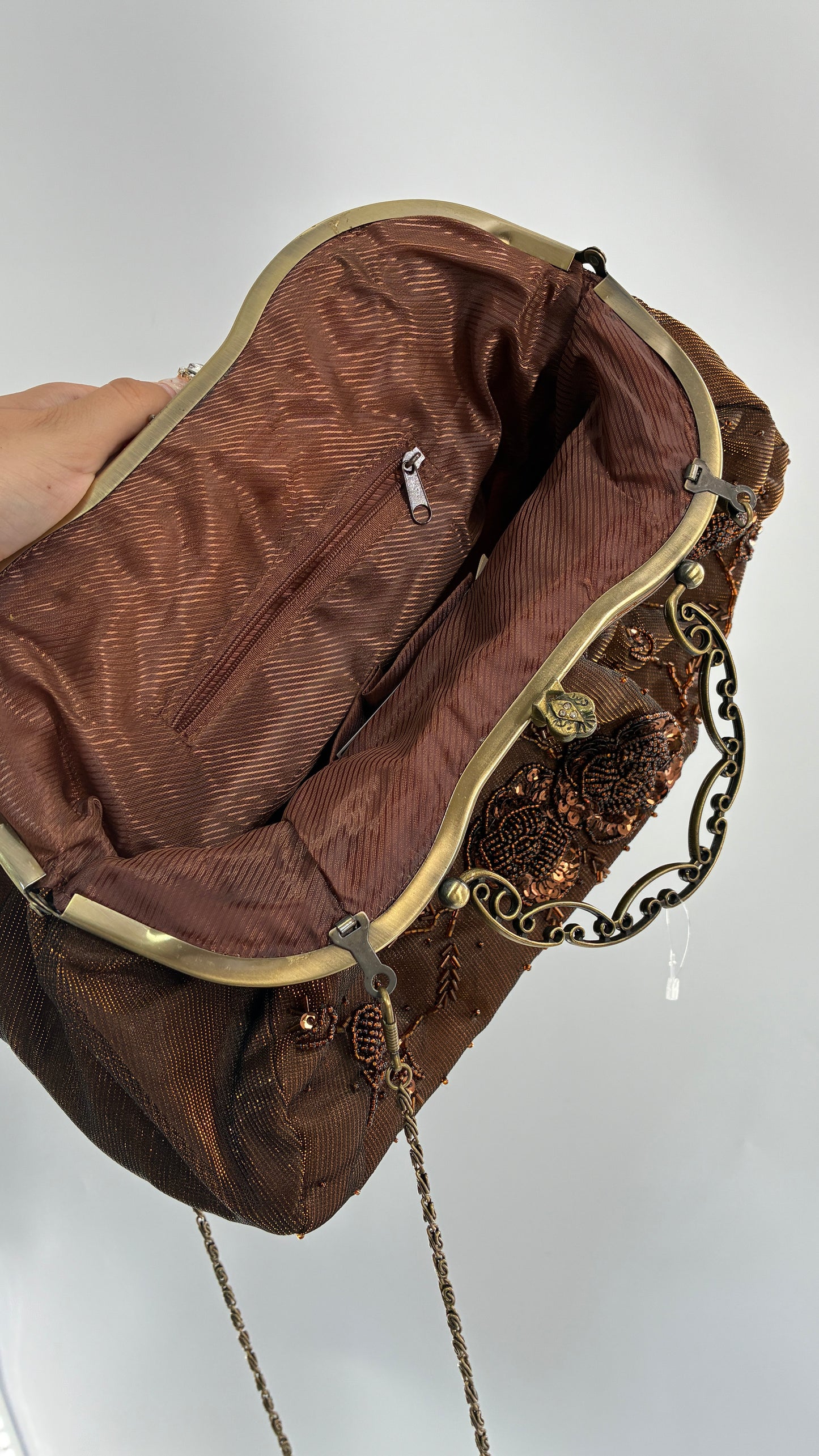 Vintage Brown Beaded and Sequin Purse with Bronze Metal Closure and Iridescent Fabric