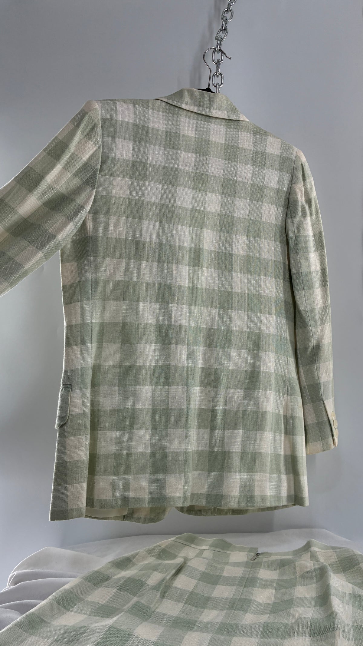 Vintage JH COLLECTIBLES 100% Rayon, Sage Gingham Suit Set (6 Skirt, 4 Blazer)