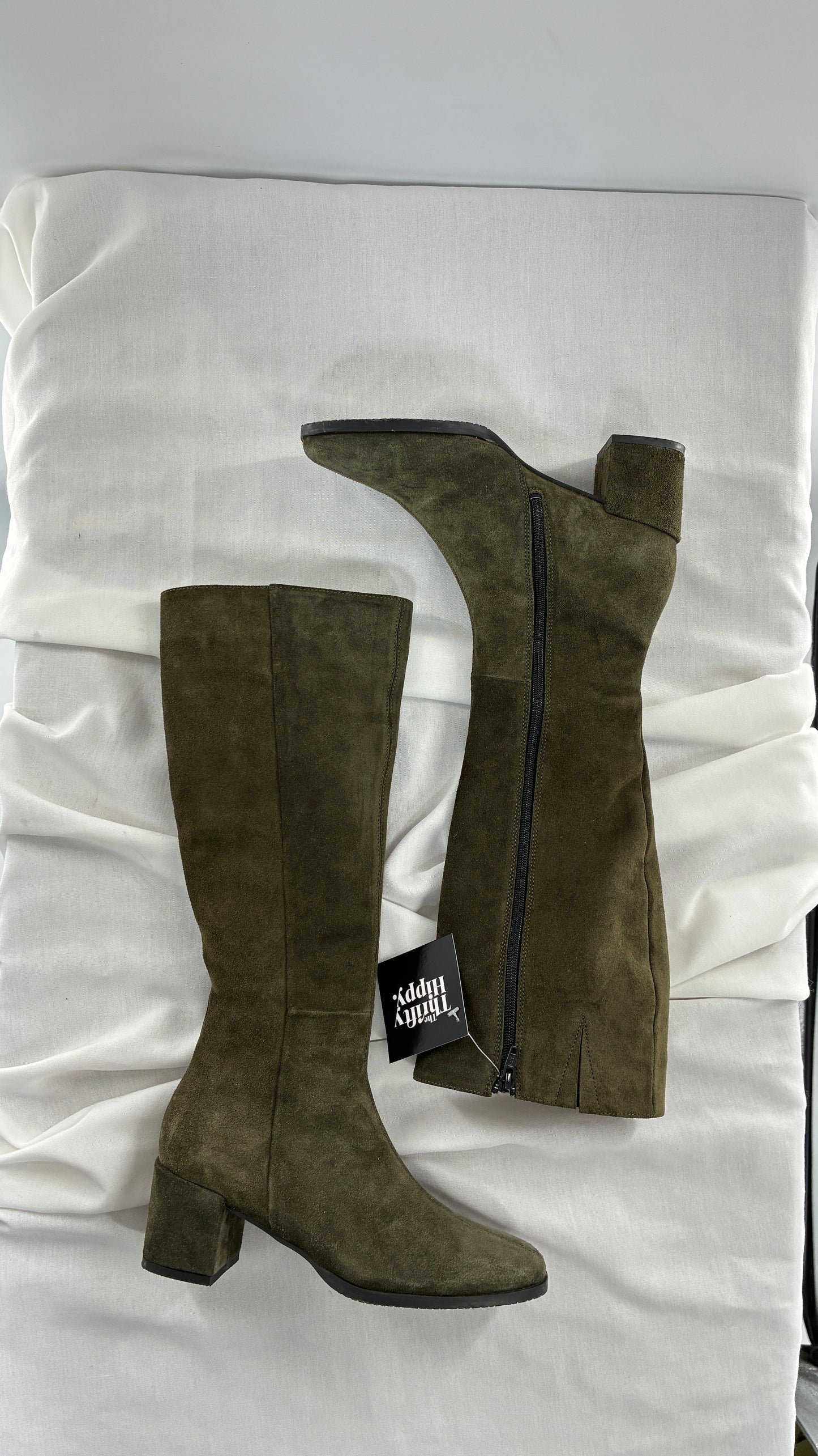 Vintage ERIC MICHAEL Olive Green Suede Boots Square Toe Knee High Boots (36)