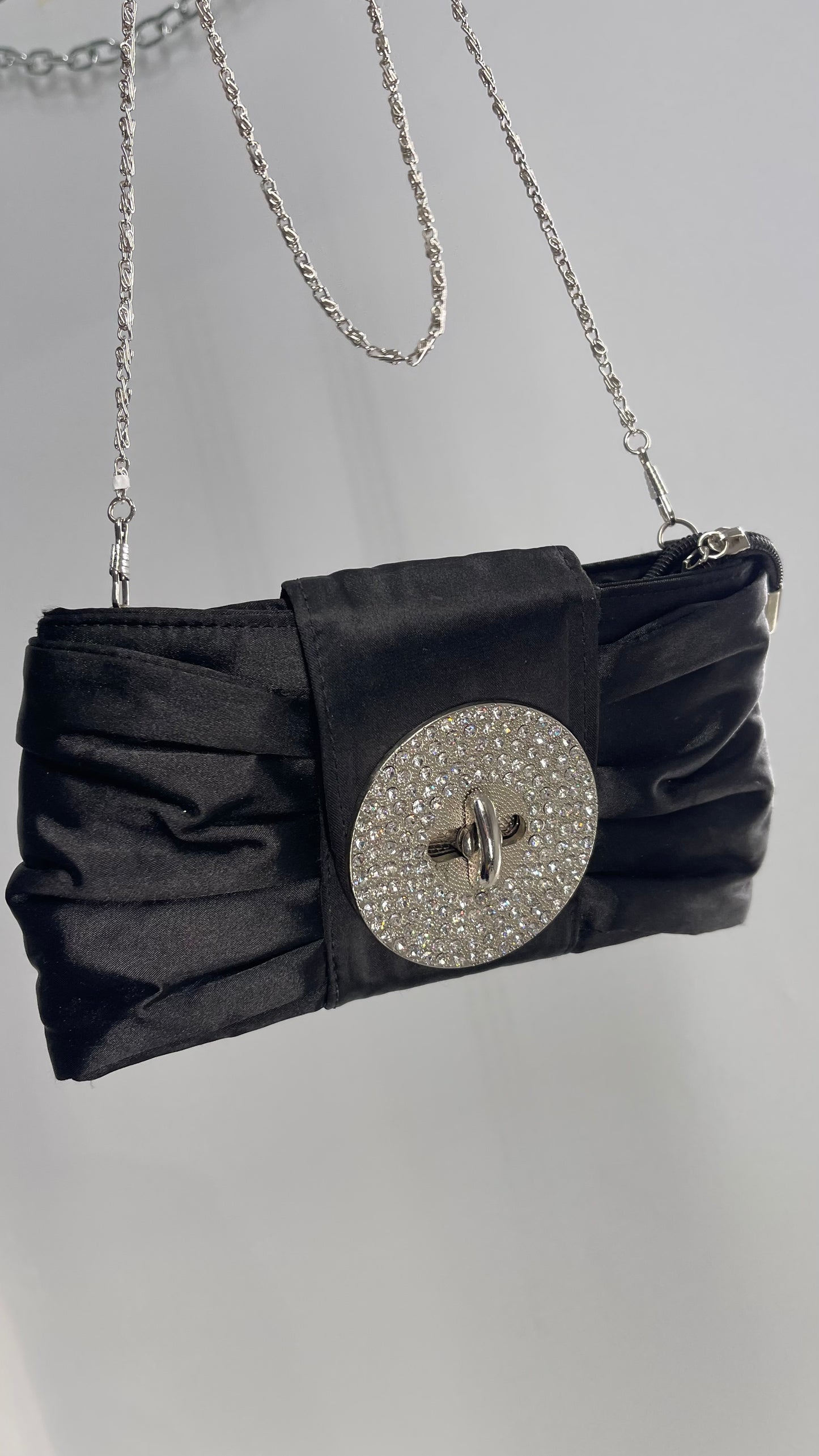 Vintage 1990s Black Satin Ruched Rhinestone Clutch Purse