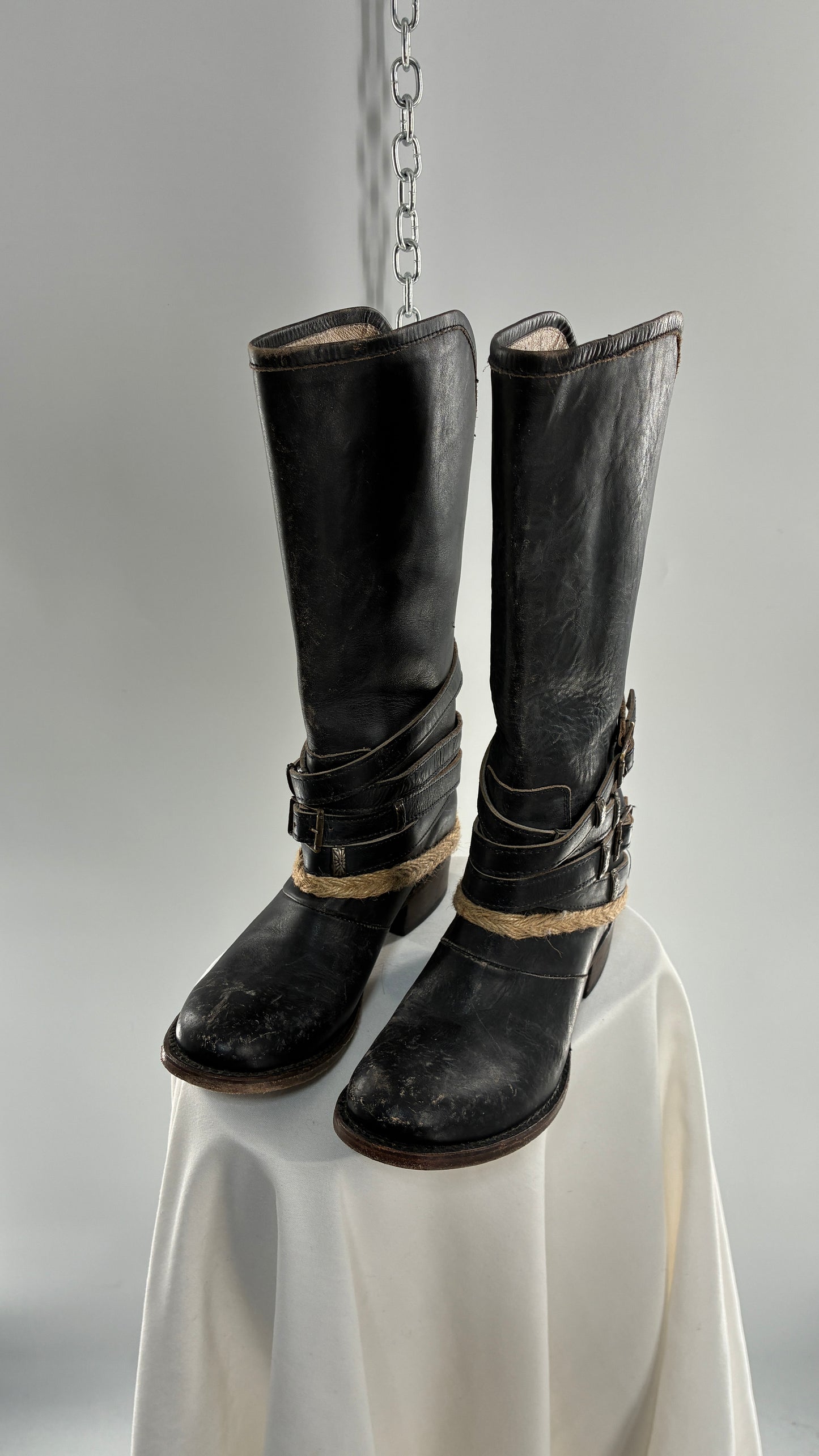 Vintage FREEBIRD Drove Distressed Black Leather Boot with Buckle Detailing (8)