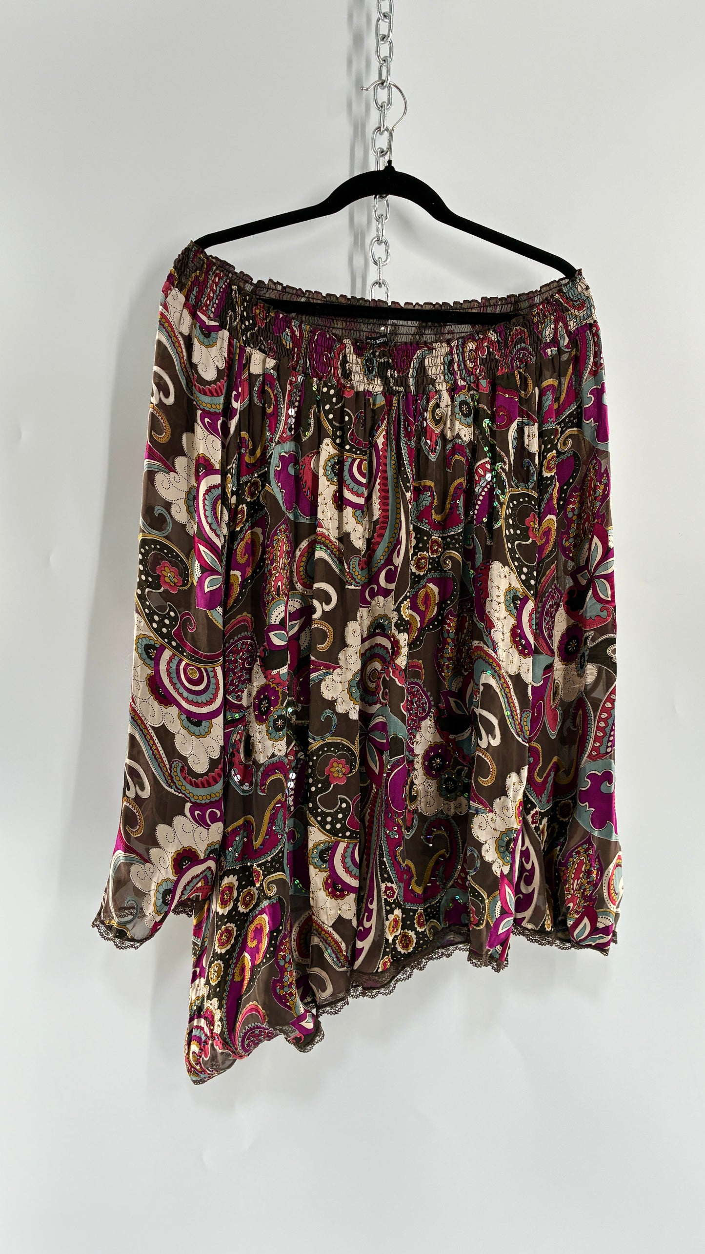 Vintage Italian 1990s 35% Silk Beaded Off the Shoulder Paisley Blouse/Mini Dress with Lace Trim (One Size)