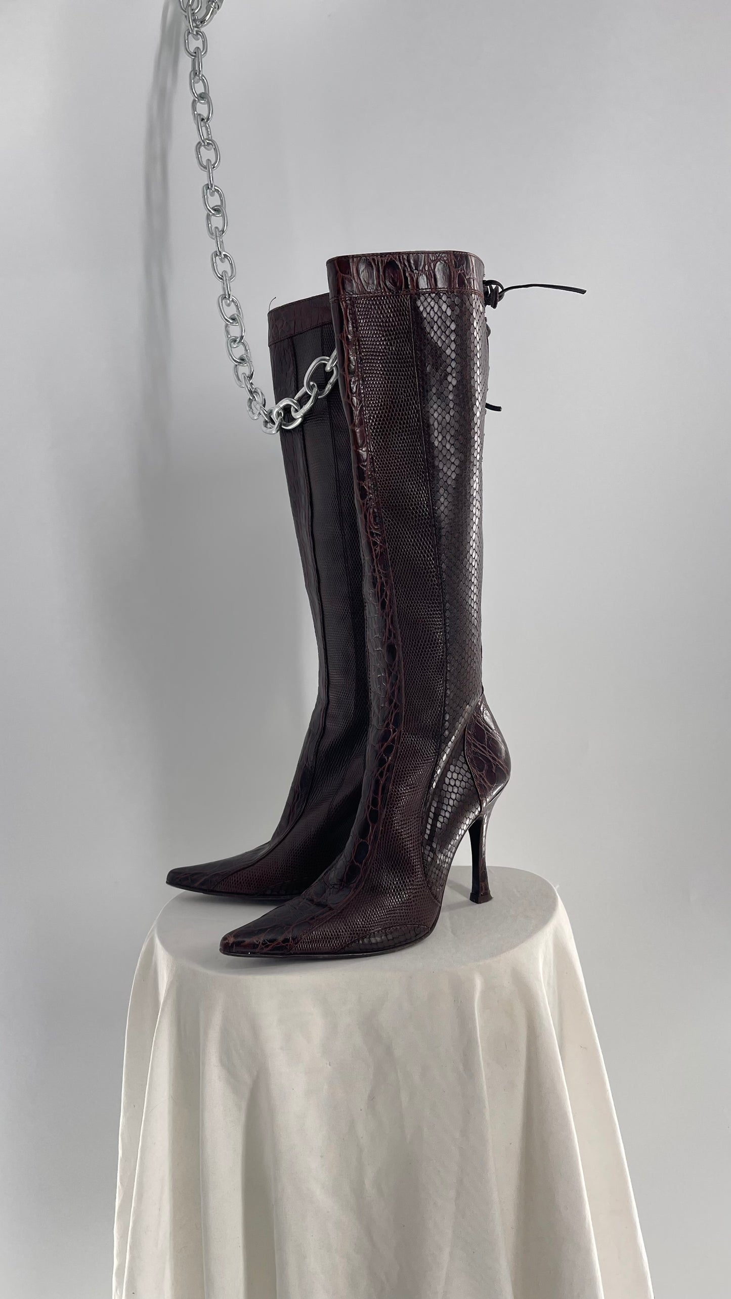 VINTAGE Charles David Paneled Leather Pointed Toe Knee High Boots (6)