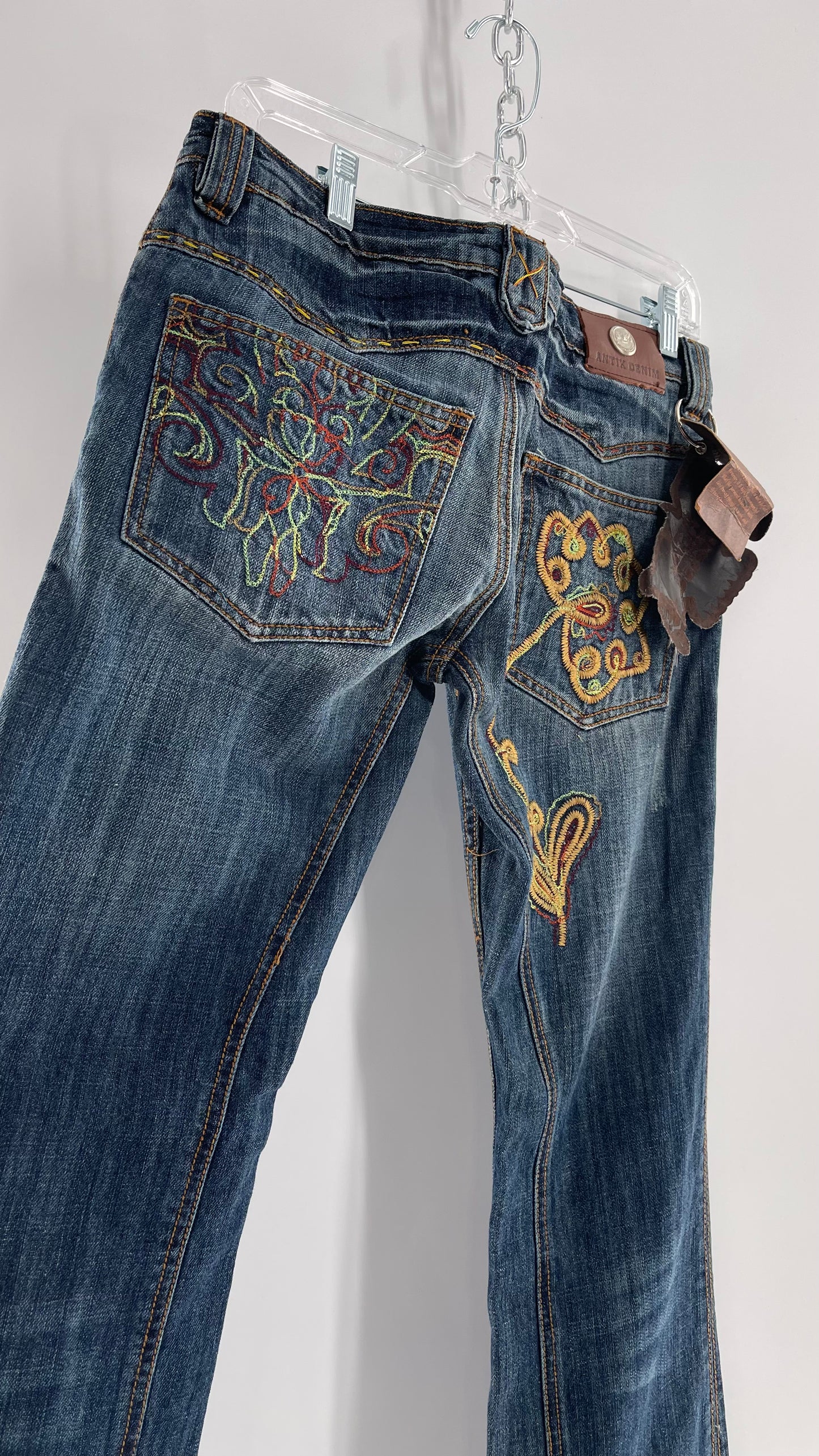 Vintage RARE Antik Denim Kick Flares with Embroidered Flower Design and Contrast Stitching (28)