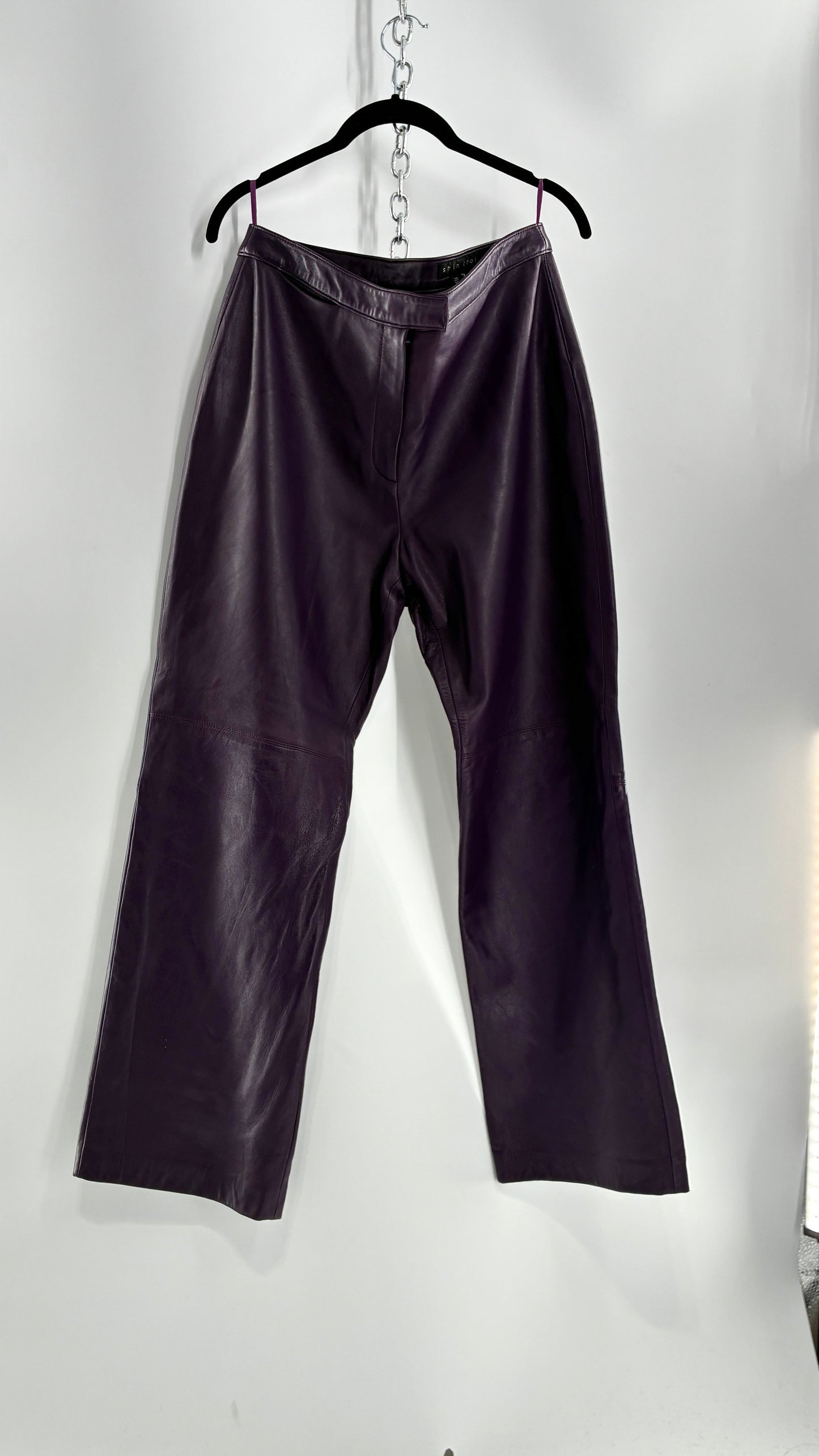Vintage SHIN CHOI Genuine Italian Leather Purple Side Closure Low Rise Pants (12)