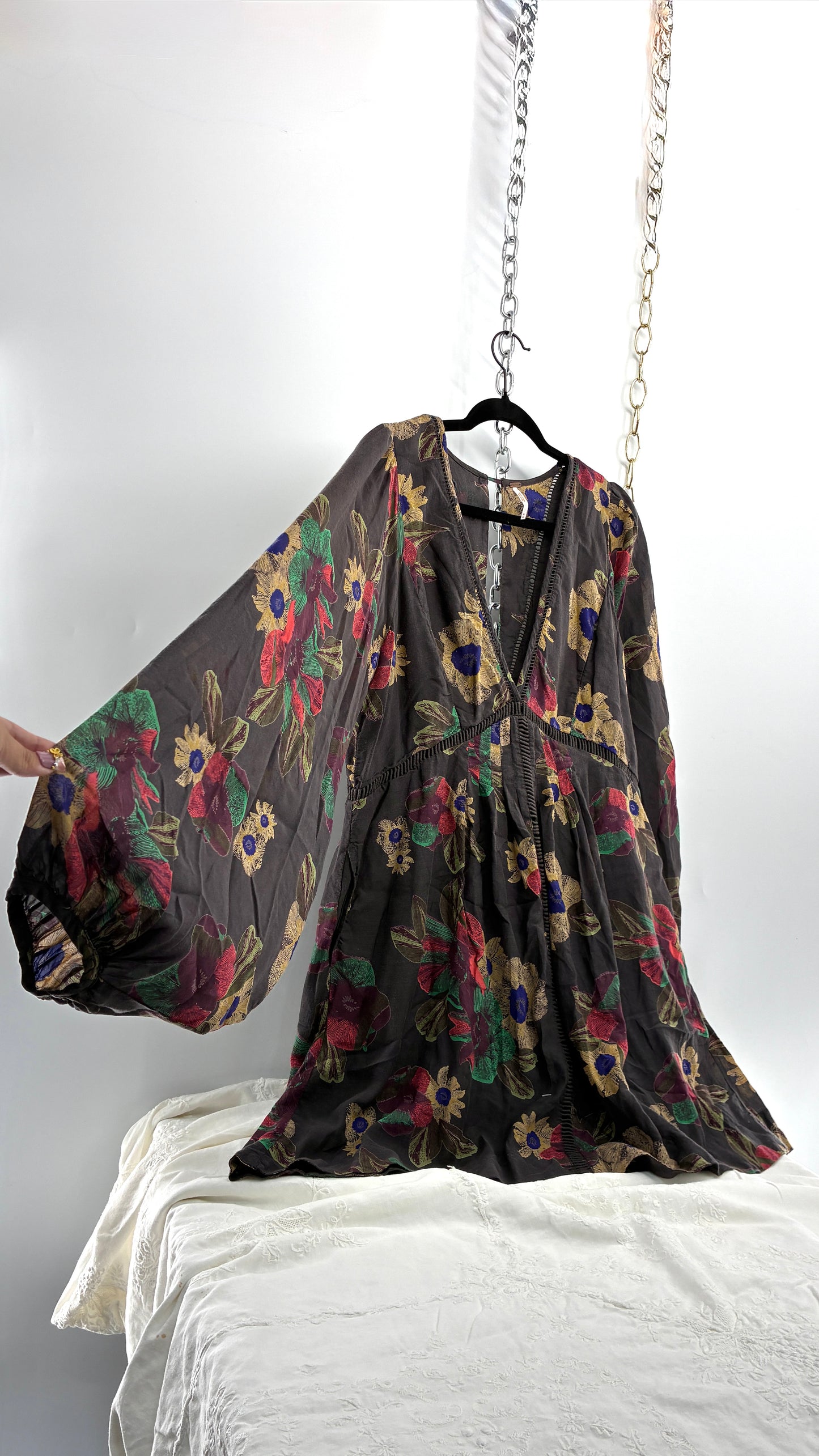 Vintage Free People Slate Grey Dress with Primary Florals (Medium)
