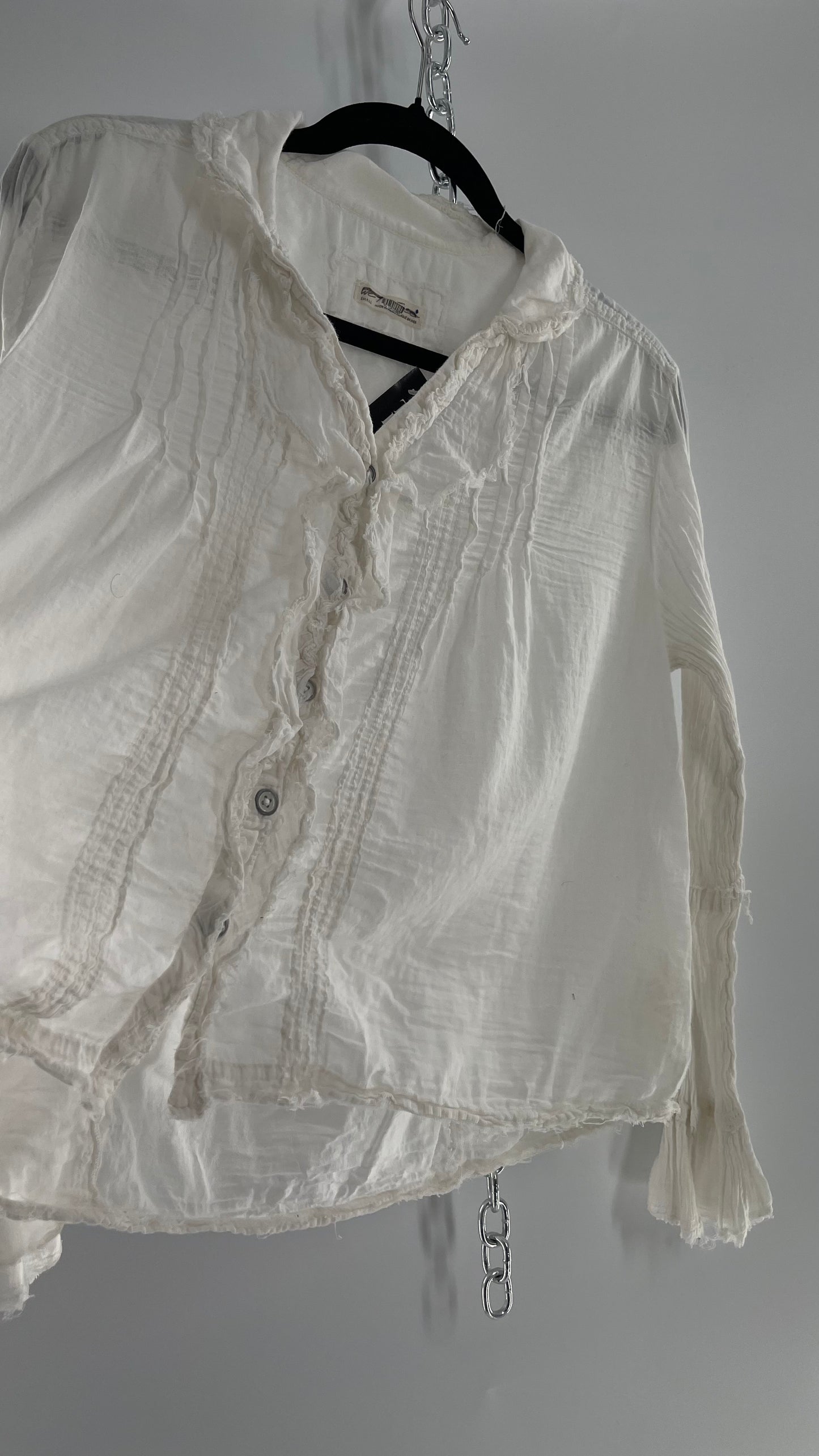 Free People White Cotton Ruffle Button Up with Crimped Sleeves (Small)