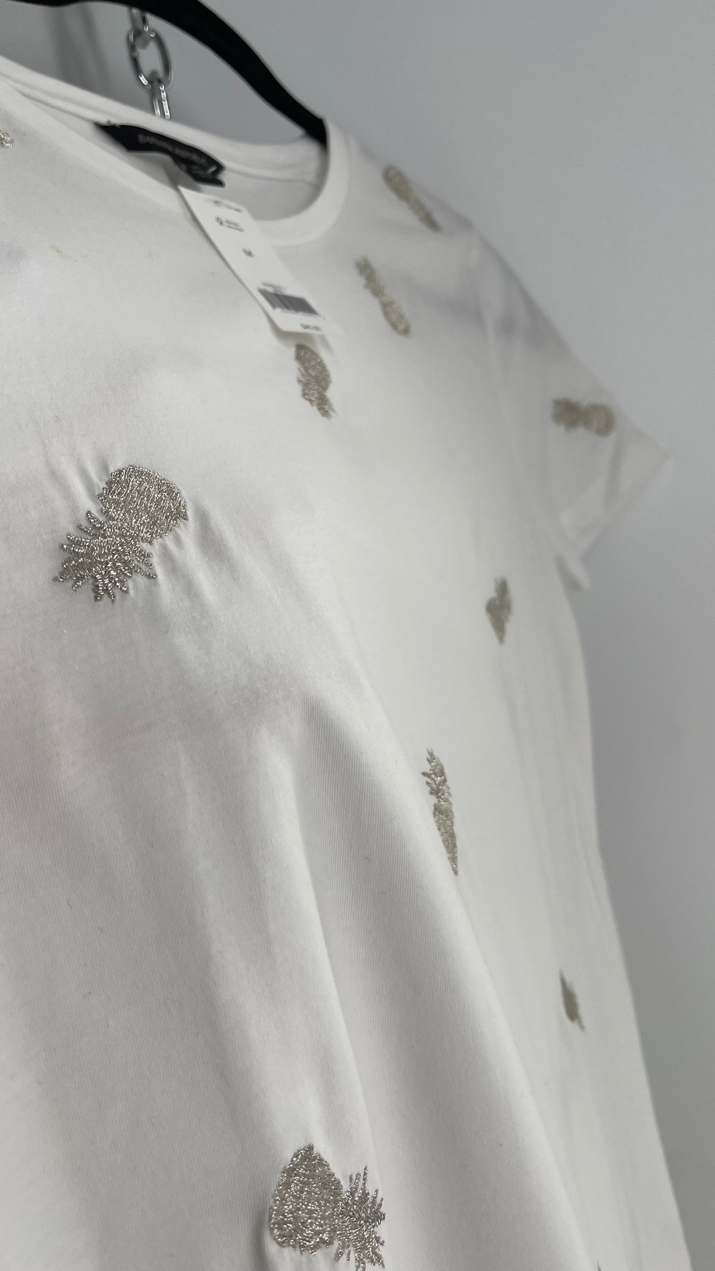 Banana Republic White Silver Embroidered Pineapple T Shirt with Tags Attached (Medium)