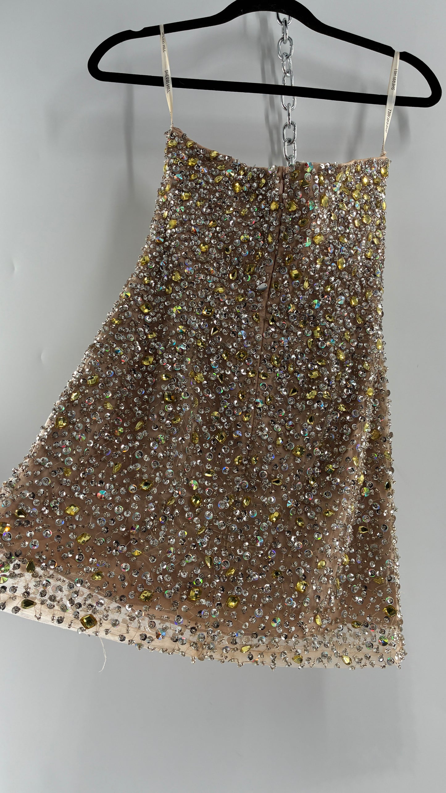 Vintage SHERRI HILL Nude Tan Underlay Mini Dress, Full Bedazzled and Covered in Beads  (6)