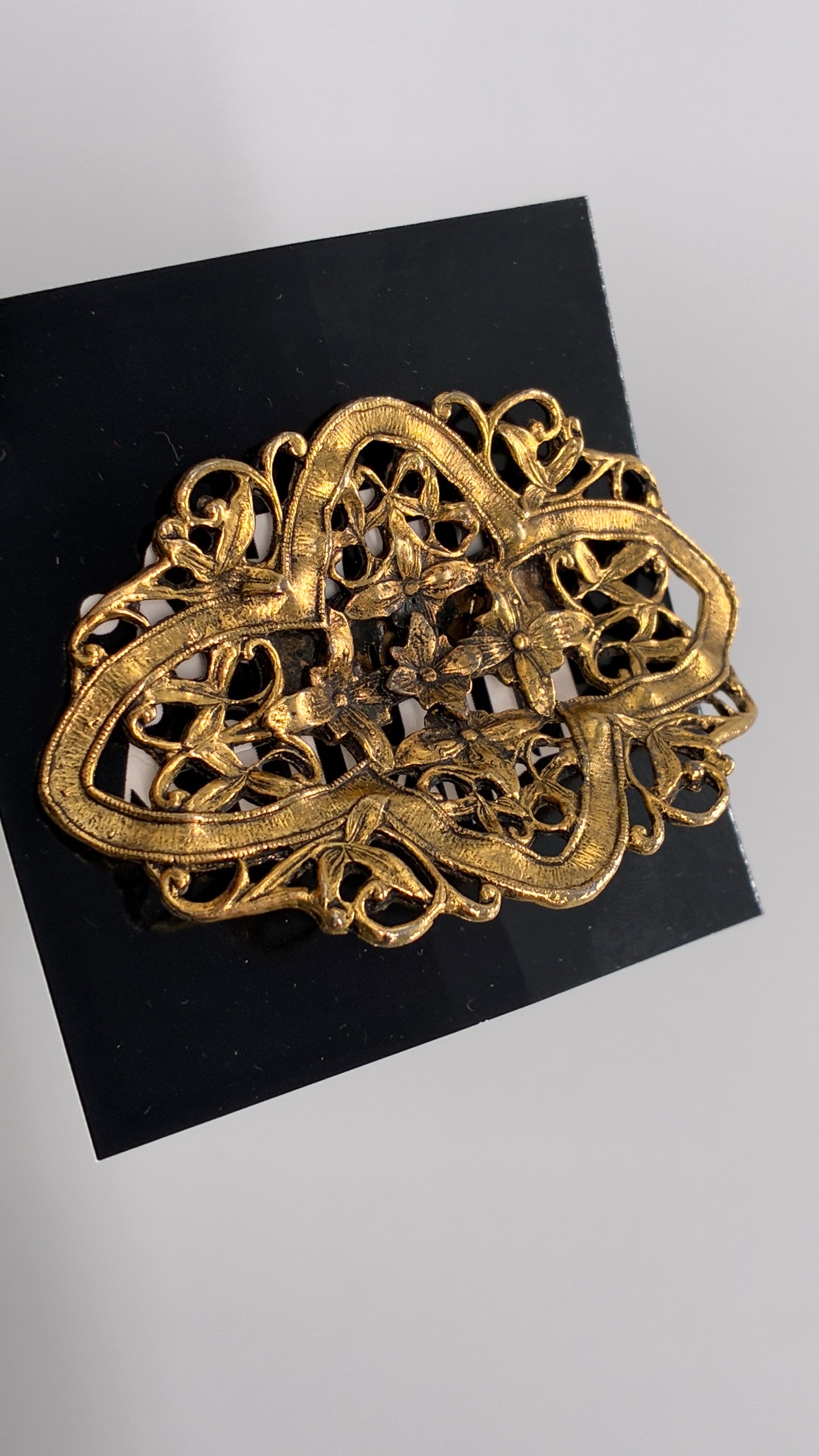 Vintage MUSI Ornate Gold French Buckle Clip with Engraved Flowers and Leaves
