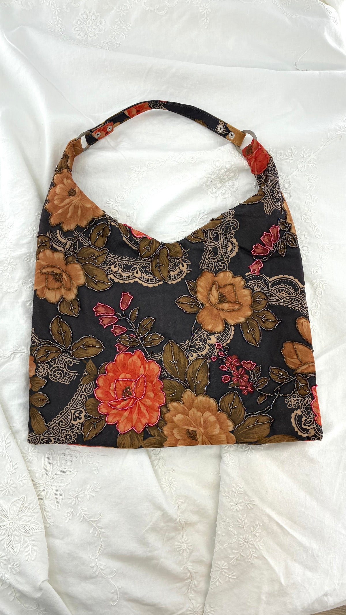 Vintage Brown Floral Paisley Beaded Hobo Shoulder Bag