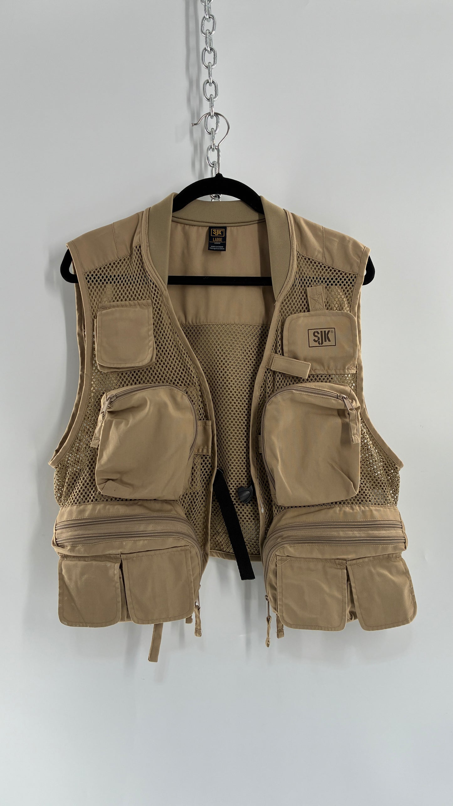 Vintage SJK Tan Tactical Vest with Multiple Pockets (Large)
