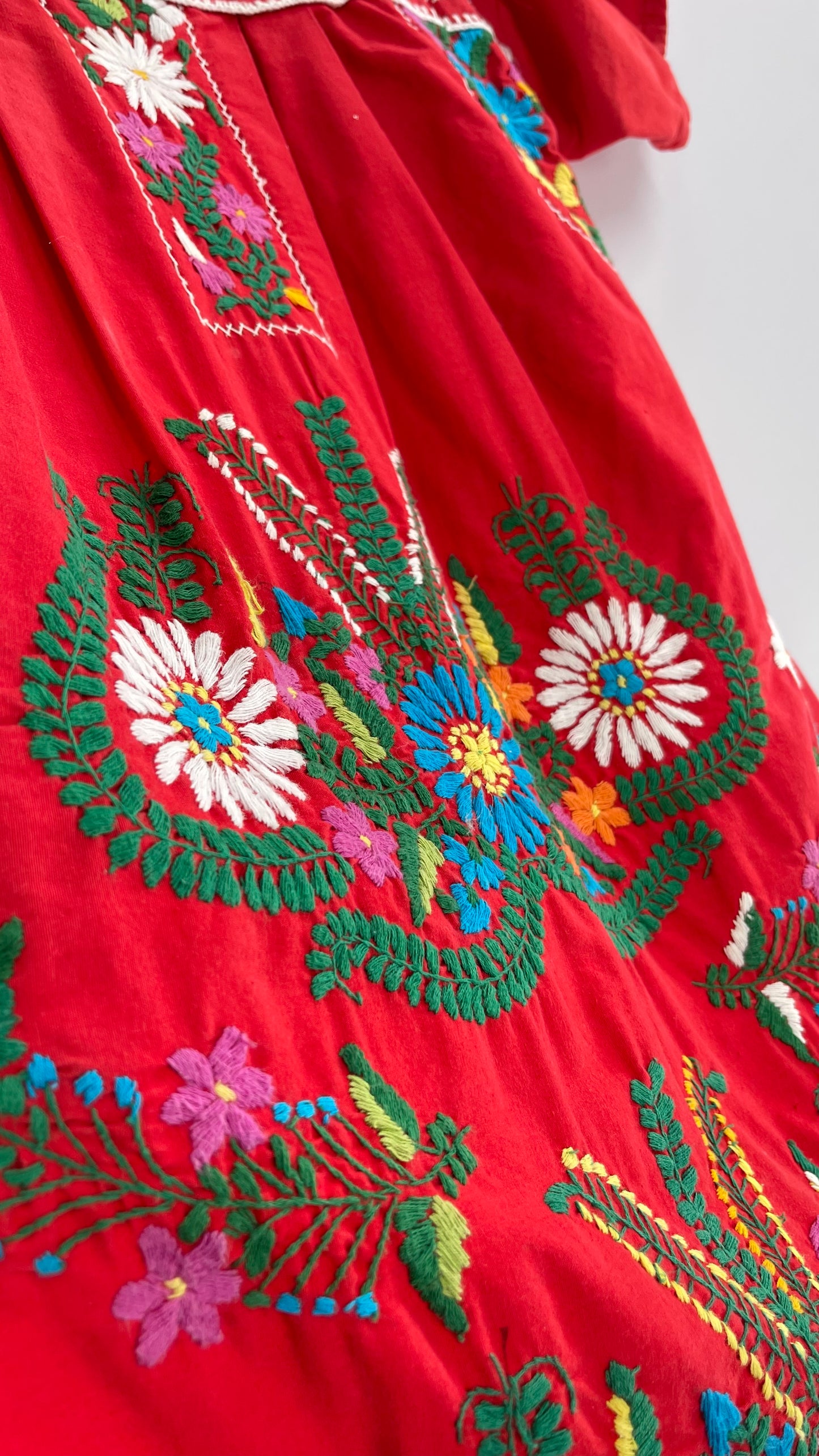 Vintage 1970s Red Cotton Dress with Hand Embroidered Florals Imported from Mexico (Small)