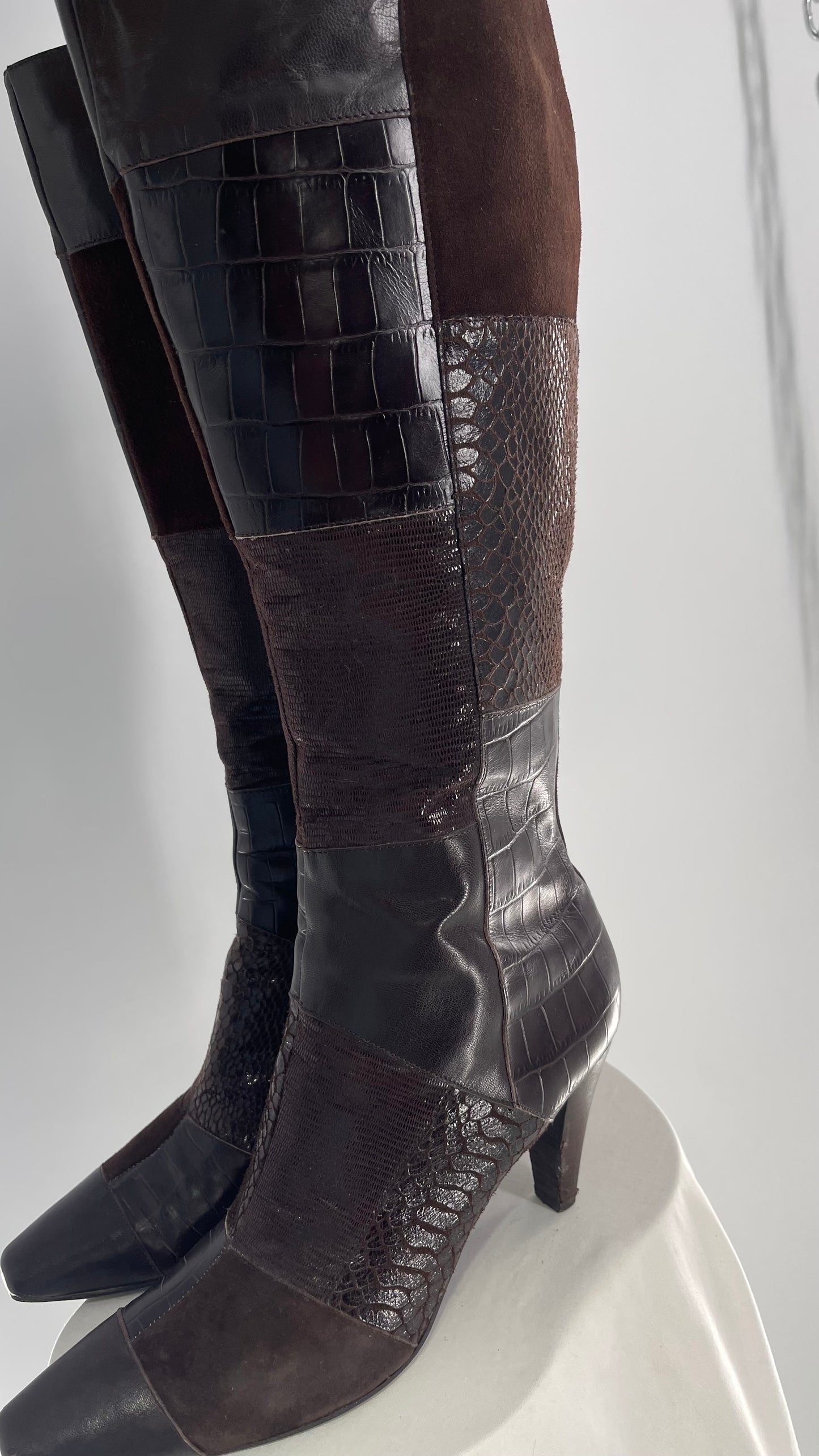 Vintage Bandolino Pointed Toe Patchwork Leather Knee High Boots (10)