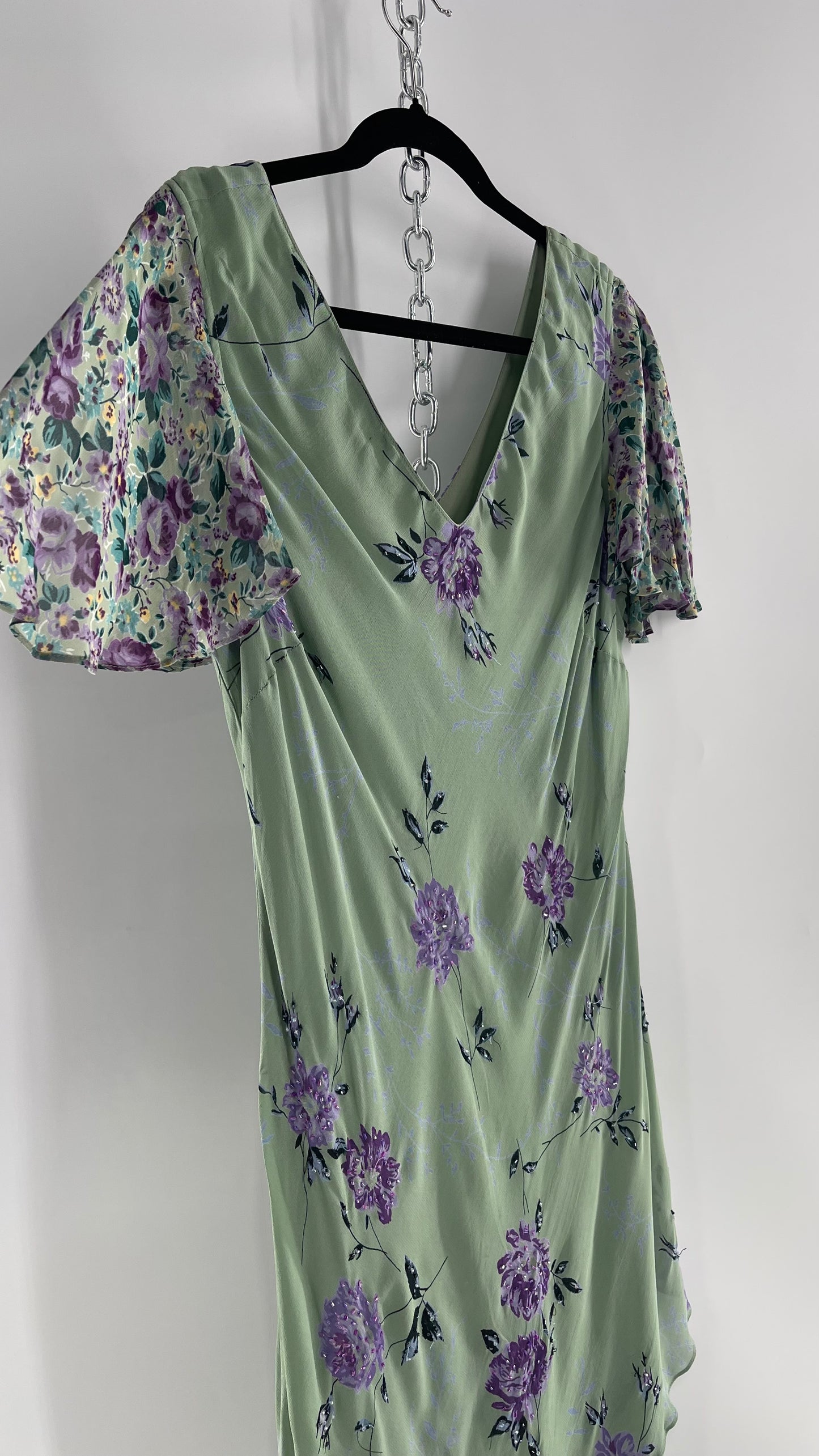 Vintage 1990s EVA BLUE Sage Green  Dress with Purple Beaded Florals and Handkerchief Hem(16)