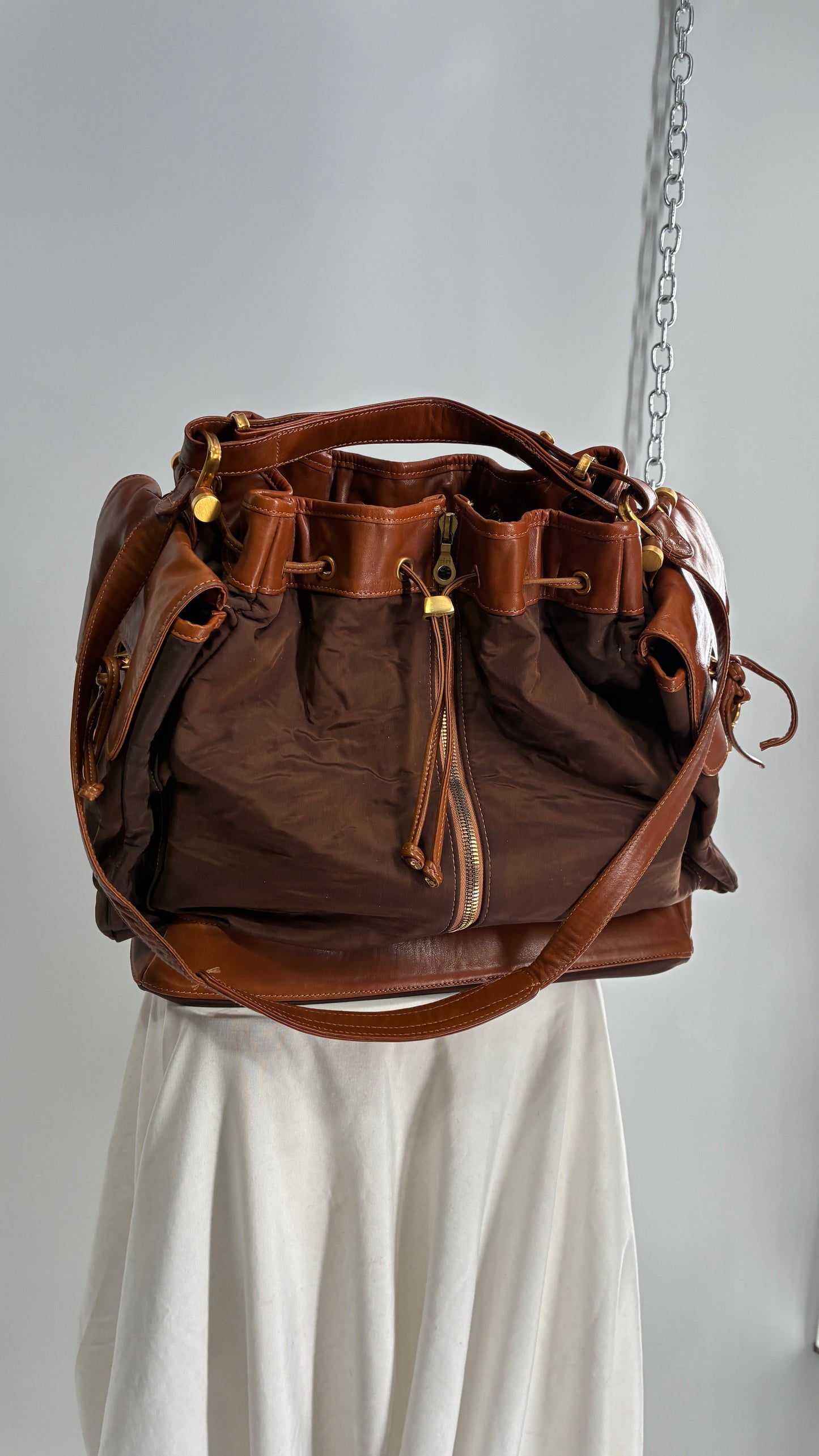 Vintage DONNA KARAN DKNY Oversized XL Brown Zip Front Bag with Leather Details