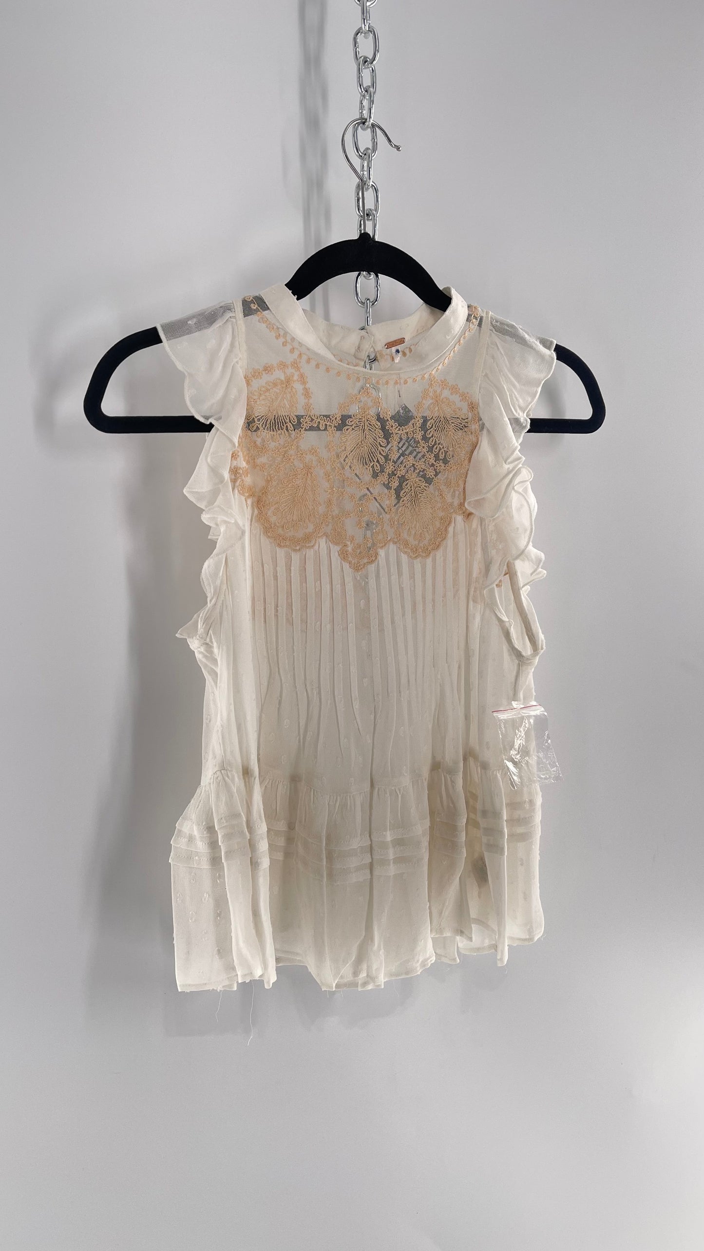 Free People Delicate,Romantic Feminine Sleeveless Blouse with Pleating, Embroidery and Keyhole Back (XS)