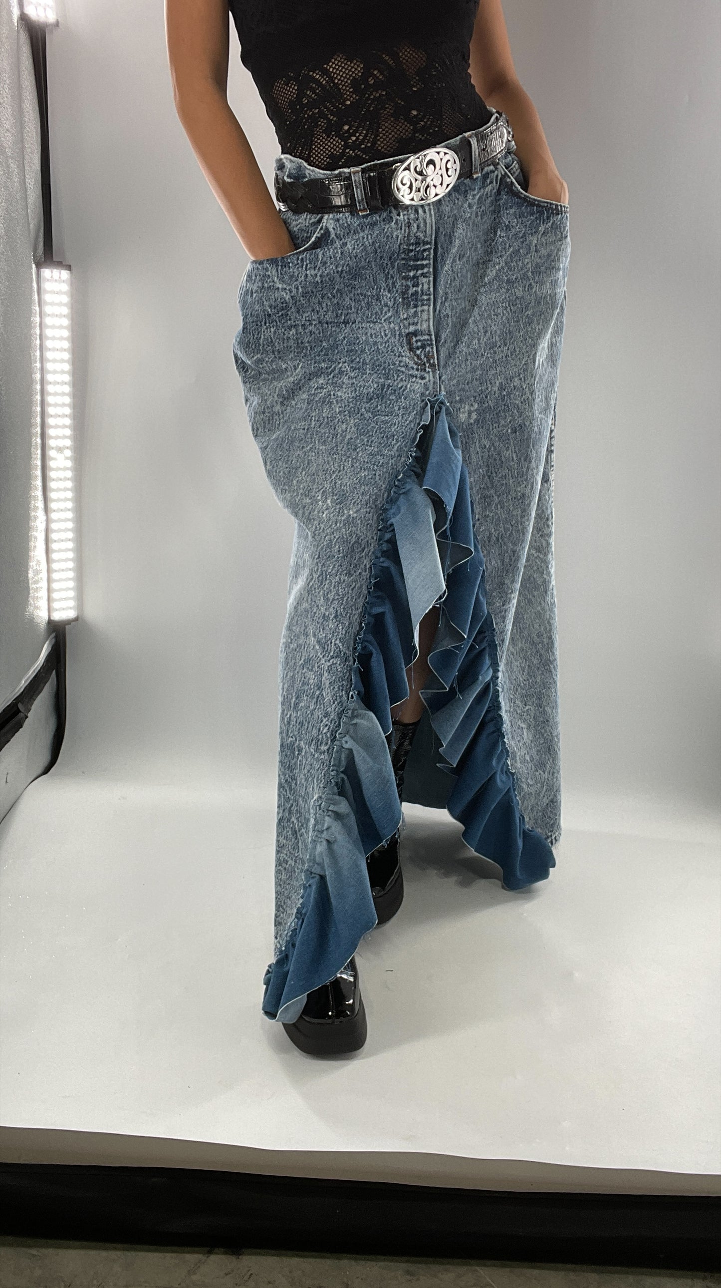 Custom Handmade Acid Wash Denim Slit Front Ruffled Skirt with Bow Bum (Large)