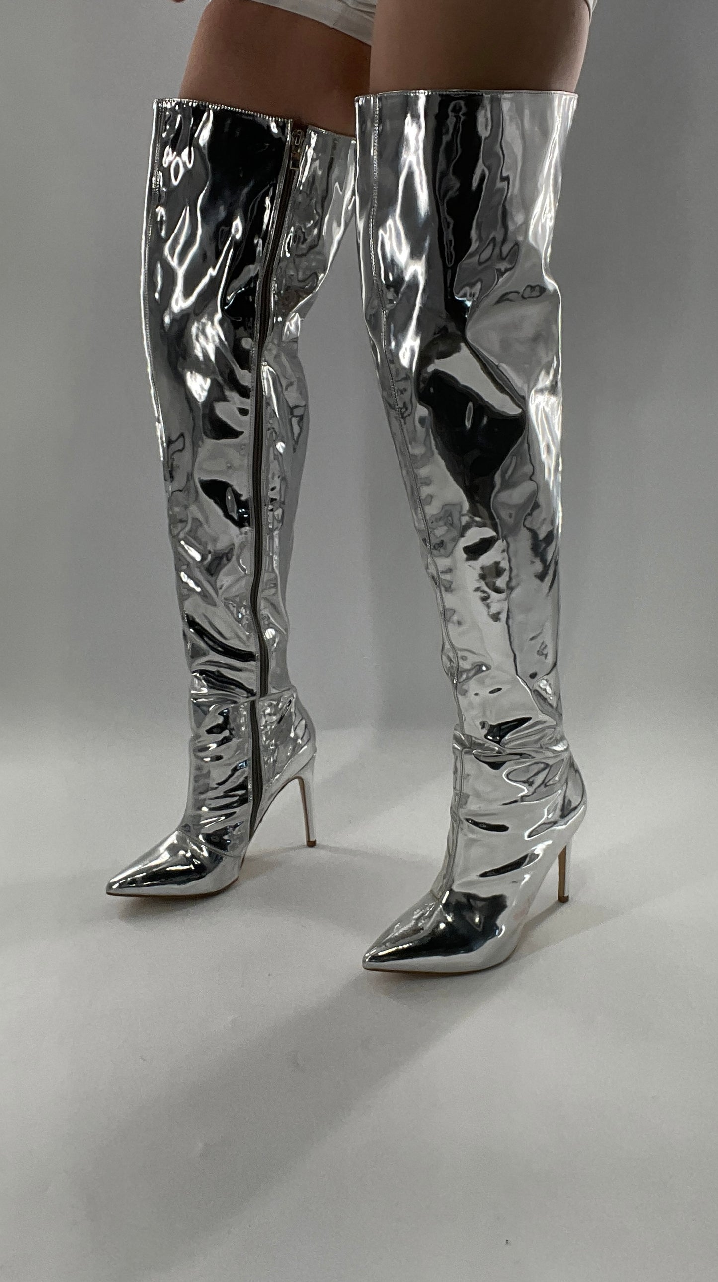 Vintage Chrome Platinum Mirrored Thigh High Molten Metal Sky High Boots Space Cadet/Concert (7)