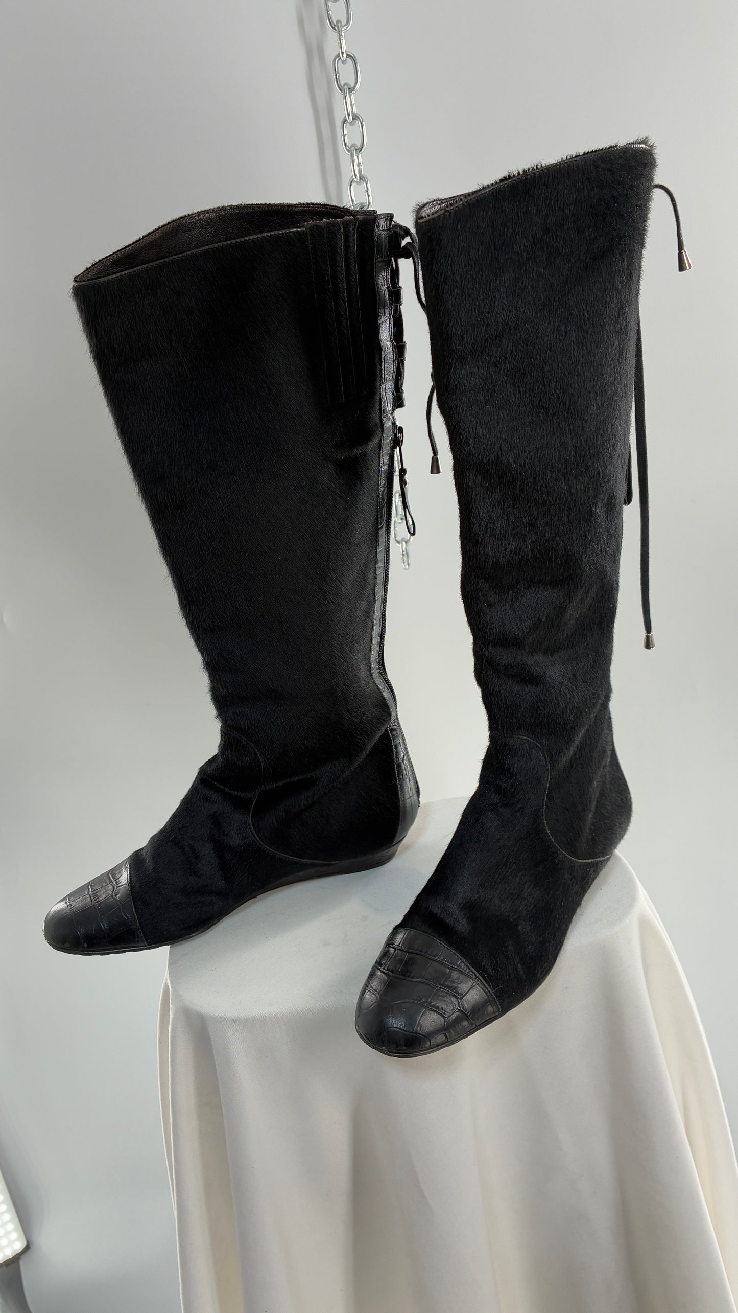 Vintage MIGLIORINI Black Genuine Calf Hair/Fur Boots with Heel, Made in Italy (7.5)