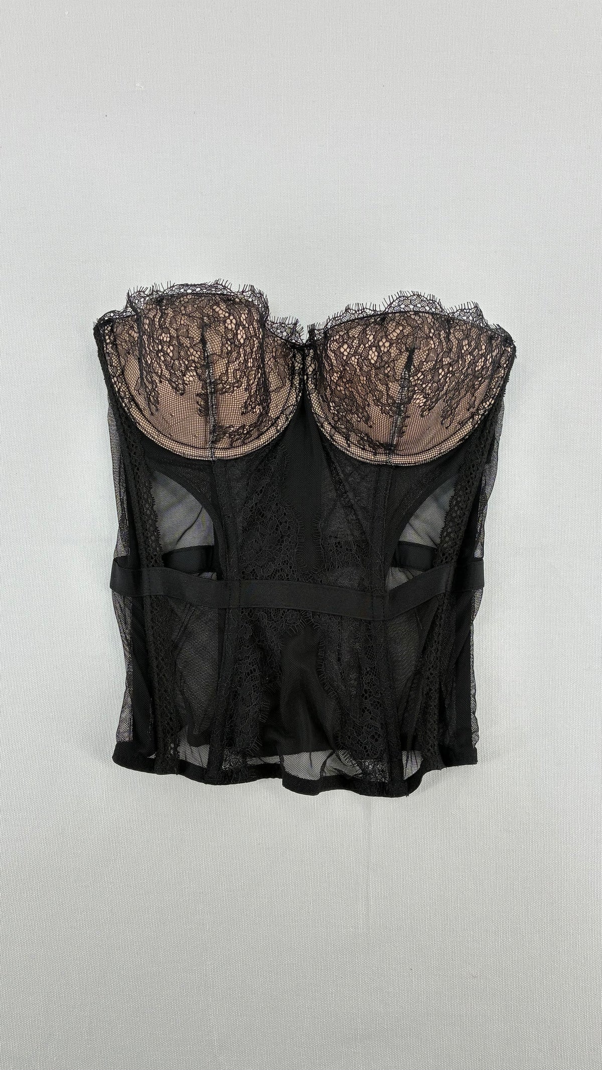 Deadstock Vintage VICTORIA’S SECRET Black Mesh Corset with Nude Cups and Tags Attached (32C)