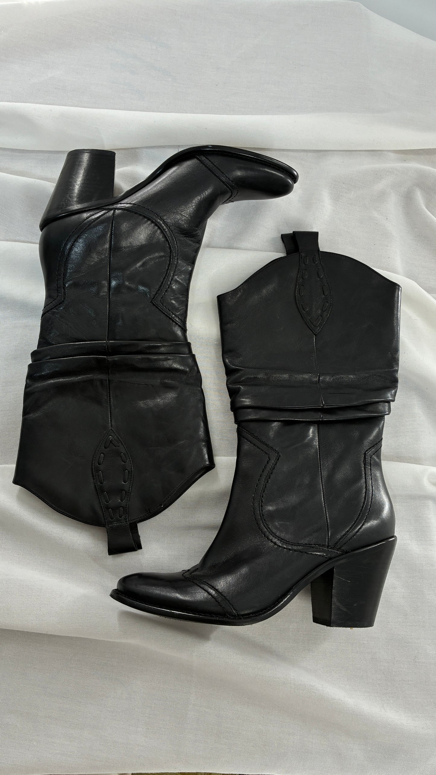 Vintage BCBG Black Genuine Leather Stacked Cowboy Boot (7.5)