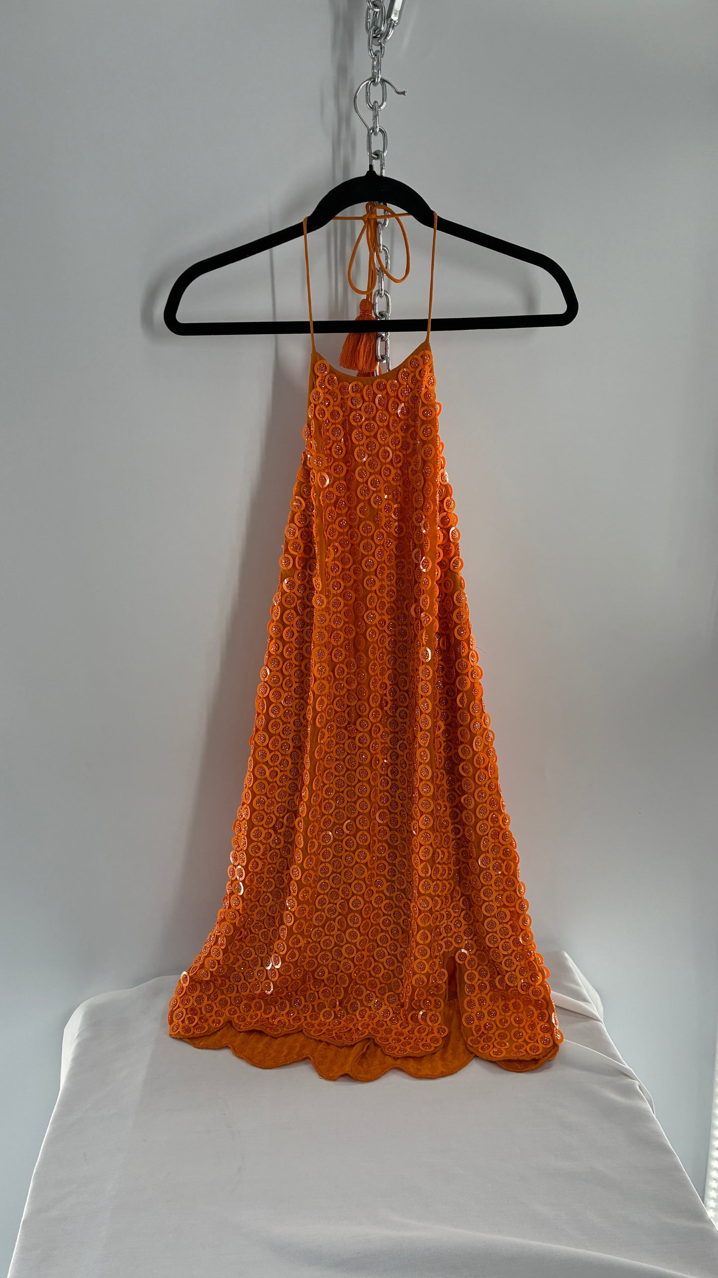 X by NBD Orange Backless Halter Mini Dress with Scalloped Hem, Covered in Beads and Sequins (Medium)