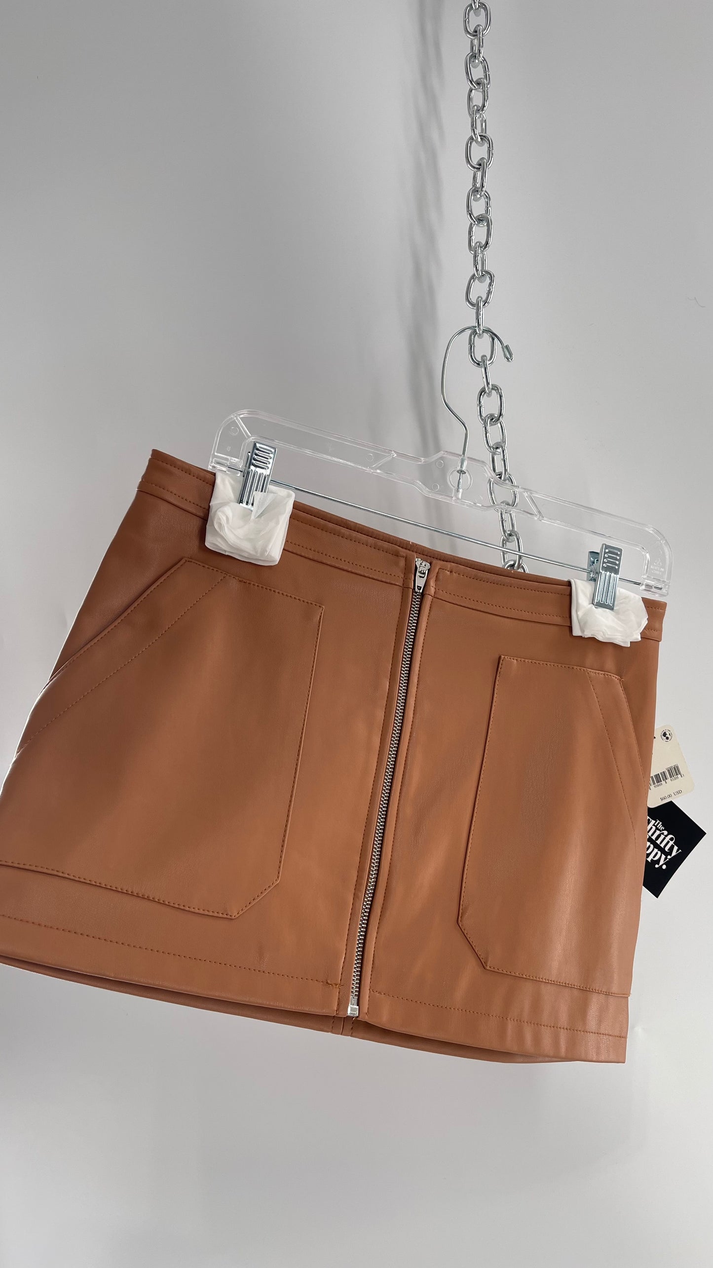 Free People Cognac Brown Vegan Leather Zip Front Skirt with Tags Attached (6)