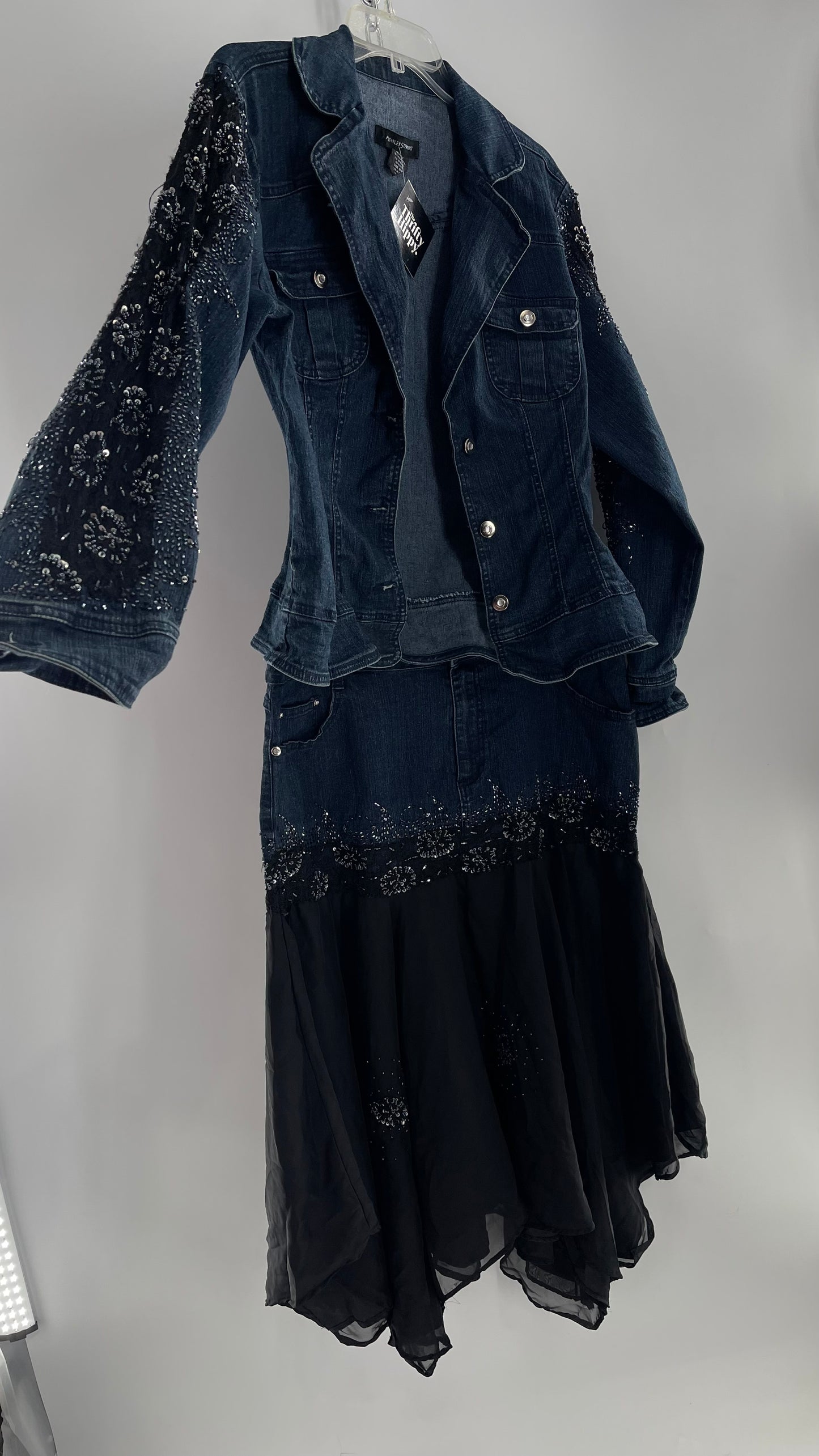 Vintage Ashley Stewart Denim Skirt and Button Up Set with Black Embroidered and Beaded Lace Details + Handkerchief Skirt (16W)