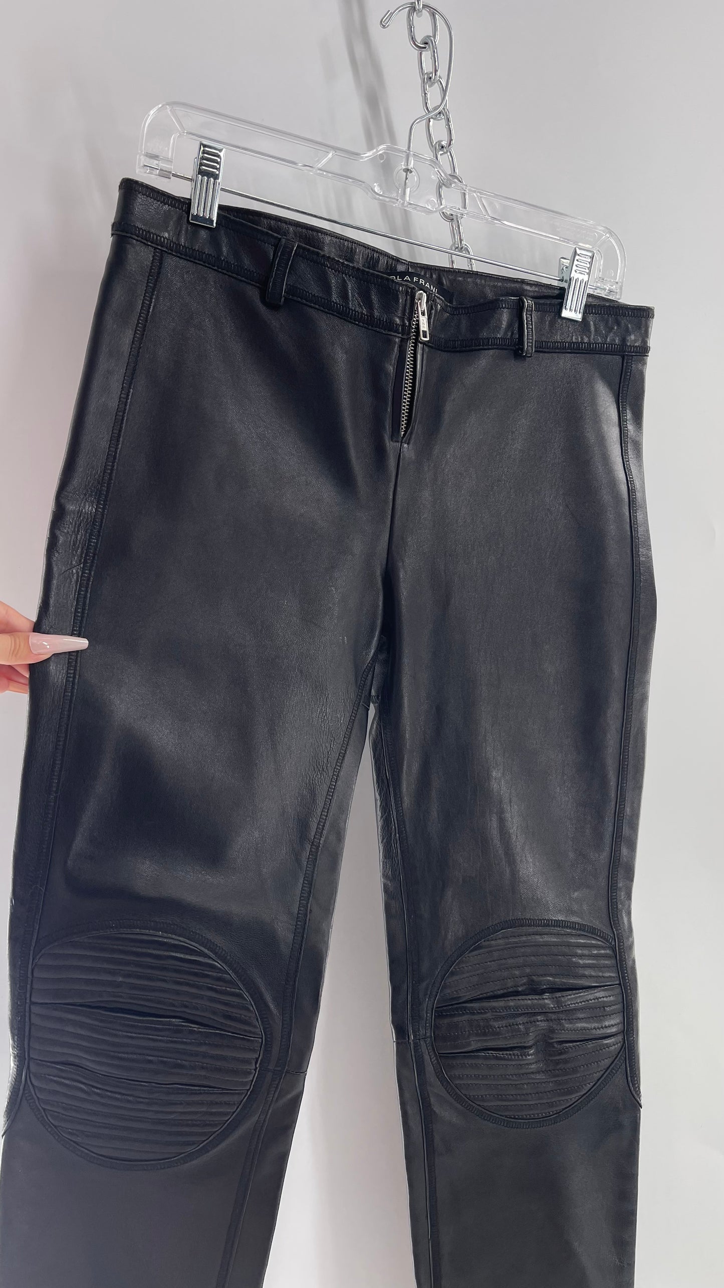 PAOLA FRANI 1990s Black Genuine Leather Low Waisted, Zip Front, Patched Bum and Knee Pants (8)