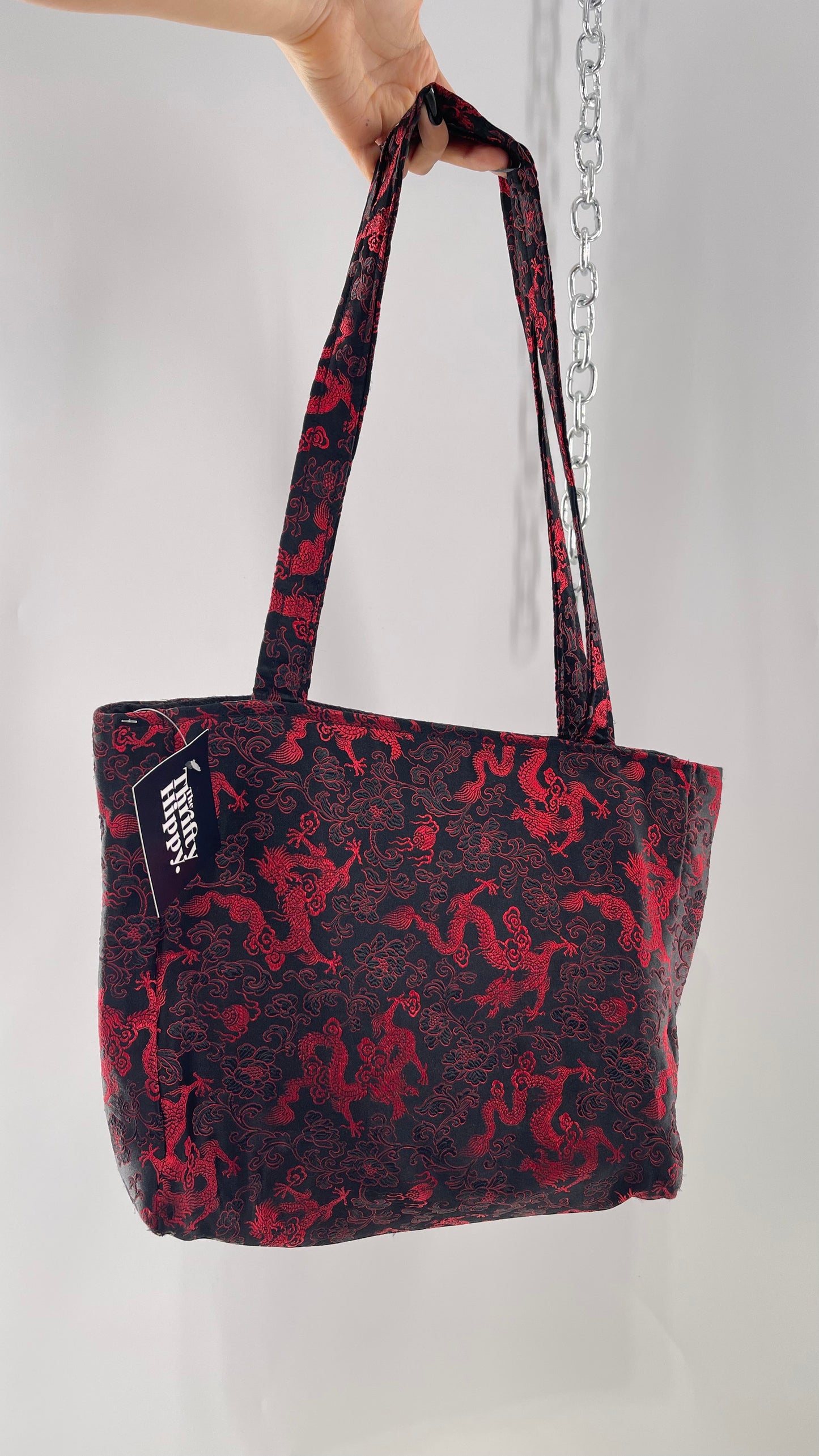 Vintage Black Satin/Silky Tote with Red Dragon/Floral Embroidery