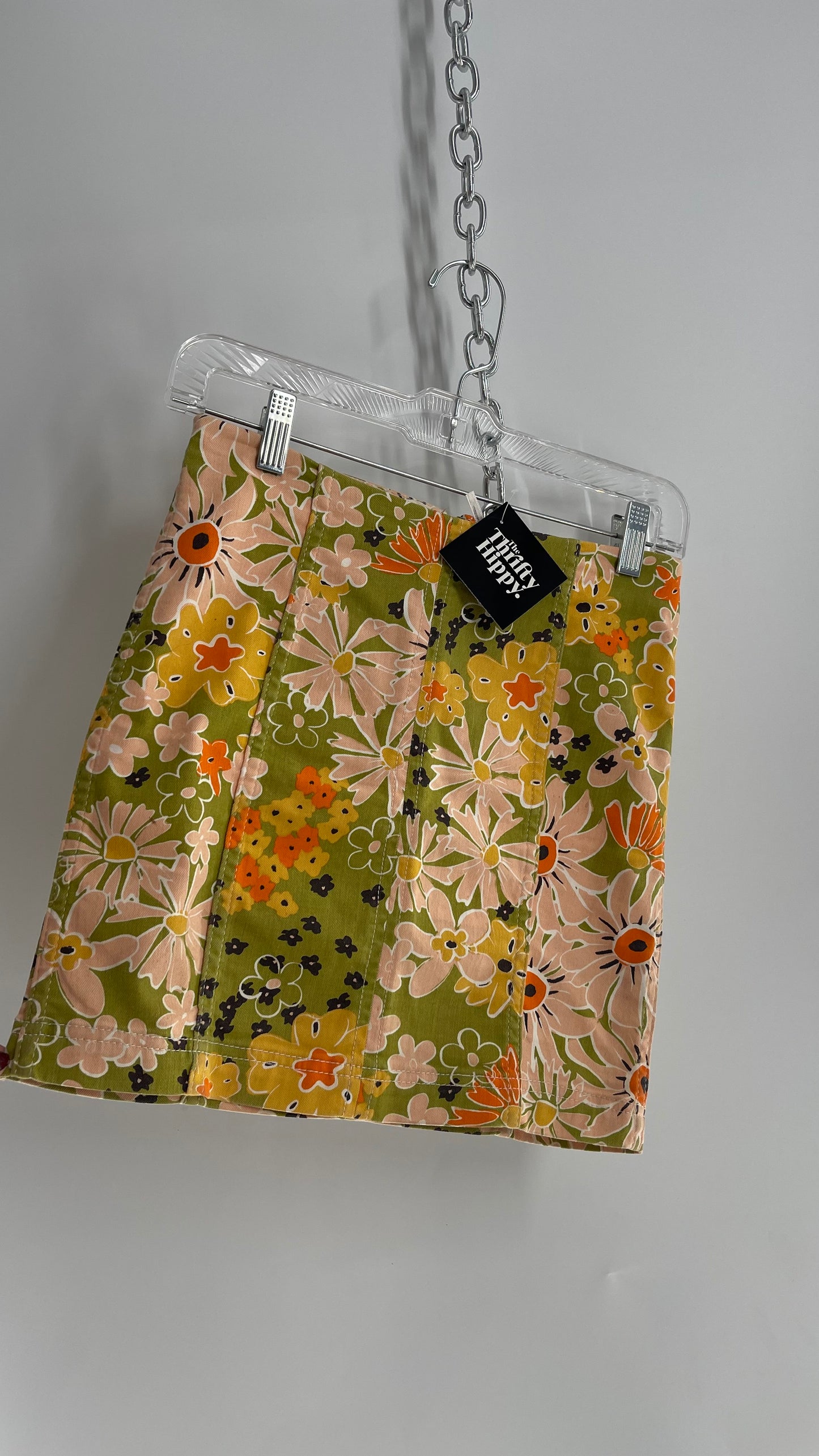 Free People Green Canvas Mini Skirt with 70s Style Floral Pattern (0)