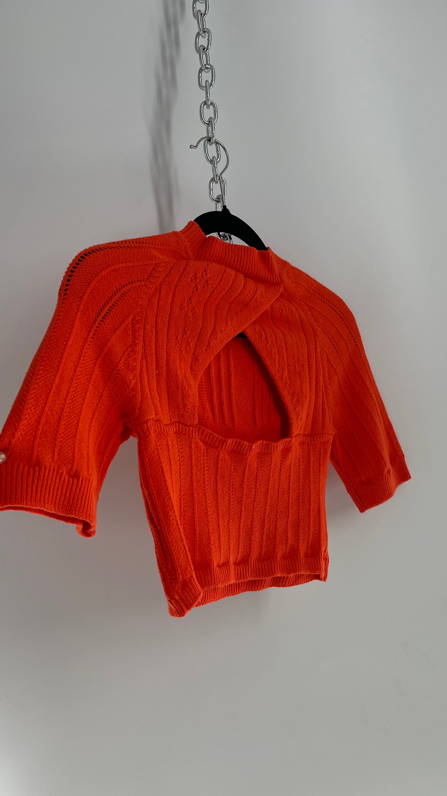 Free People Orange Knit Mock Neck Sweater with Keyhole Open Back (Medium)